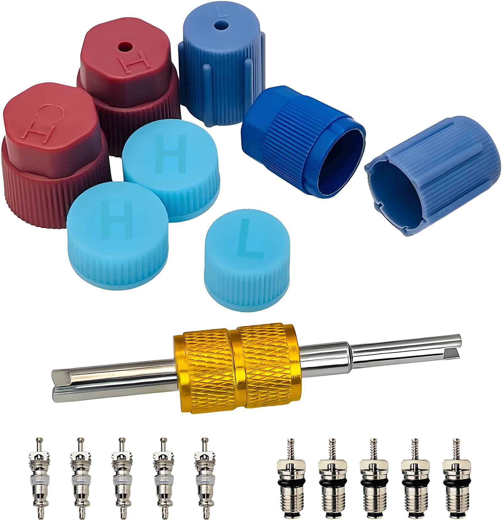 Air Conditioning Valve Core Kit,Cap & Valve Air Conditioning System Seal Cap A/C R12 R134a Refrigeration A/C Valve Core Rmoval Tool HVAC AC Systems Charging Port Seal Caps Kit