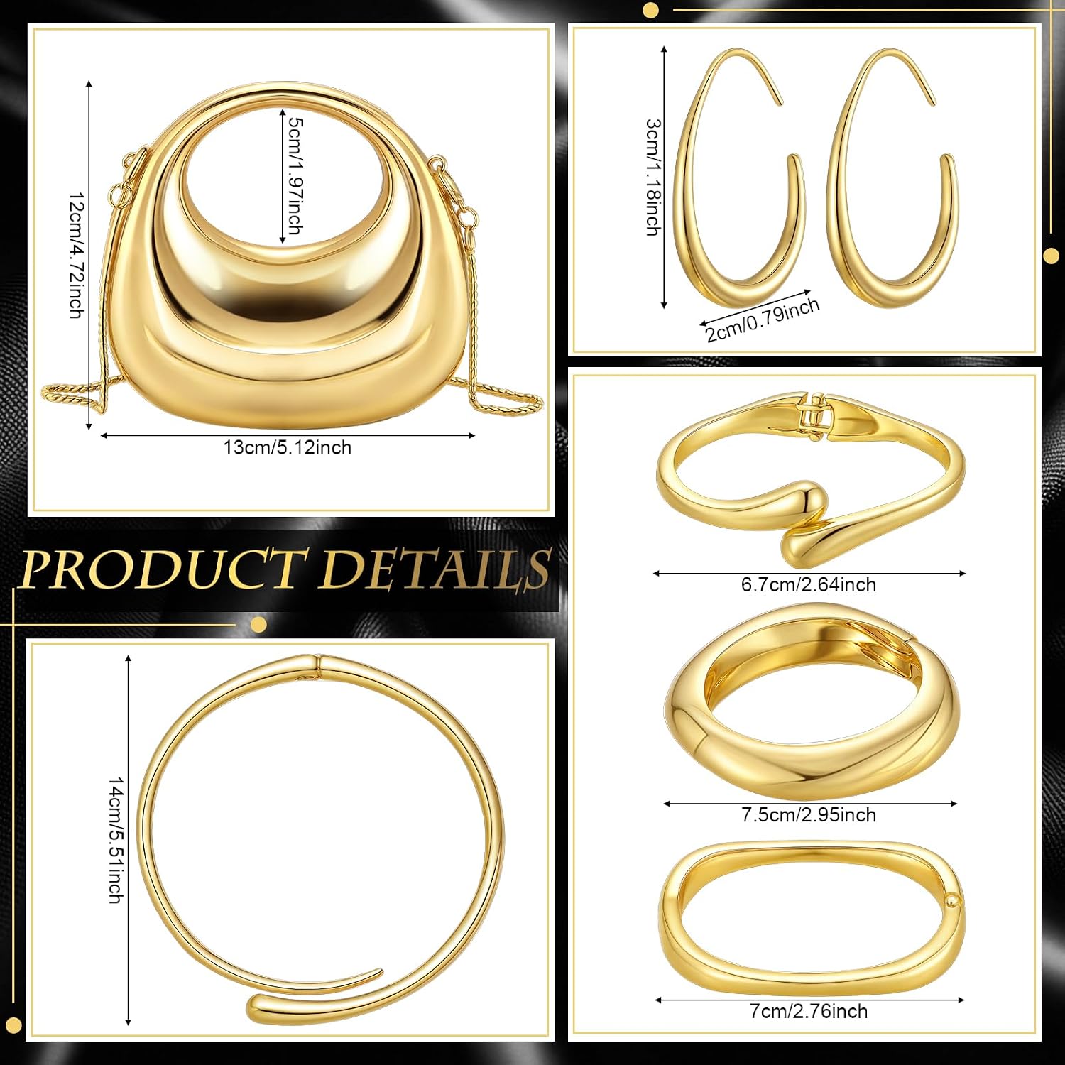 Quelay 6 Pcs Gold Clutch Purse Jewelry Set Gold Acrylic Handbags Chunky Bangle Cuff Bracelet Necklace Hoop Earrings for Women