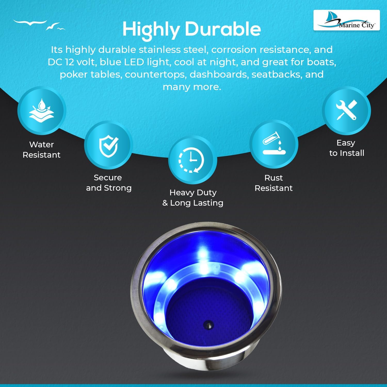 MARINE CITY 8 Blue LED Lights Cup Holder with Drain – 304 Stainless Steel, Corrosion-Resistant, Easy to Install for Boats, Yachts, Ships, Kayaks