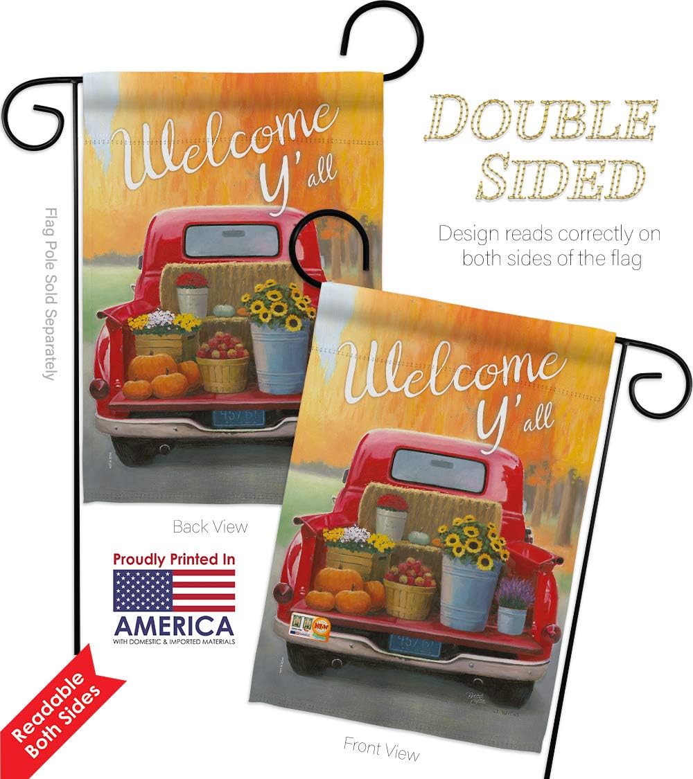 Welcome Harvest Truck Garden Flag - Pack Fall & Autumn Scarecrow Pumkins Sunflower Leaves Season Autumntime Gathering USA Applique - House Banner Small Yard Gift Double-Sided Made In 13 X 18.5