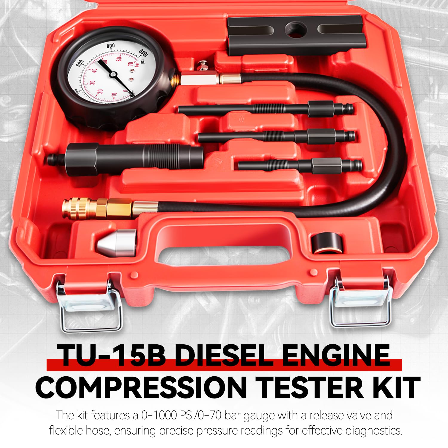 Auto Dynasty TU-15B Diesel Engine Compression Gauge Tester Cylinder Pressure Meter Teste Tool Kit with Gauge Adapters Compatible with Trucks Cars, Red