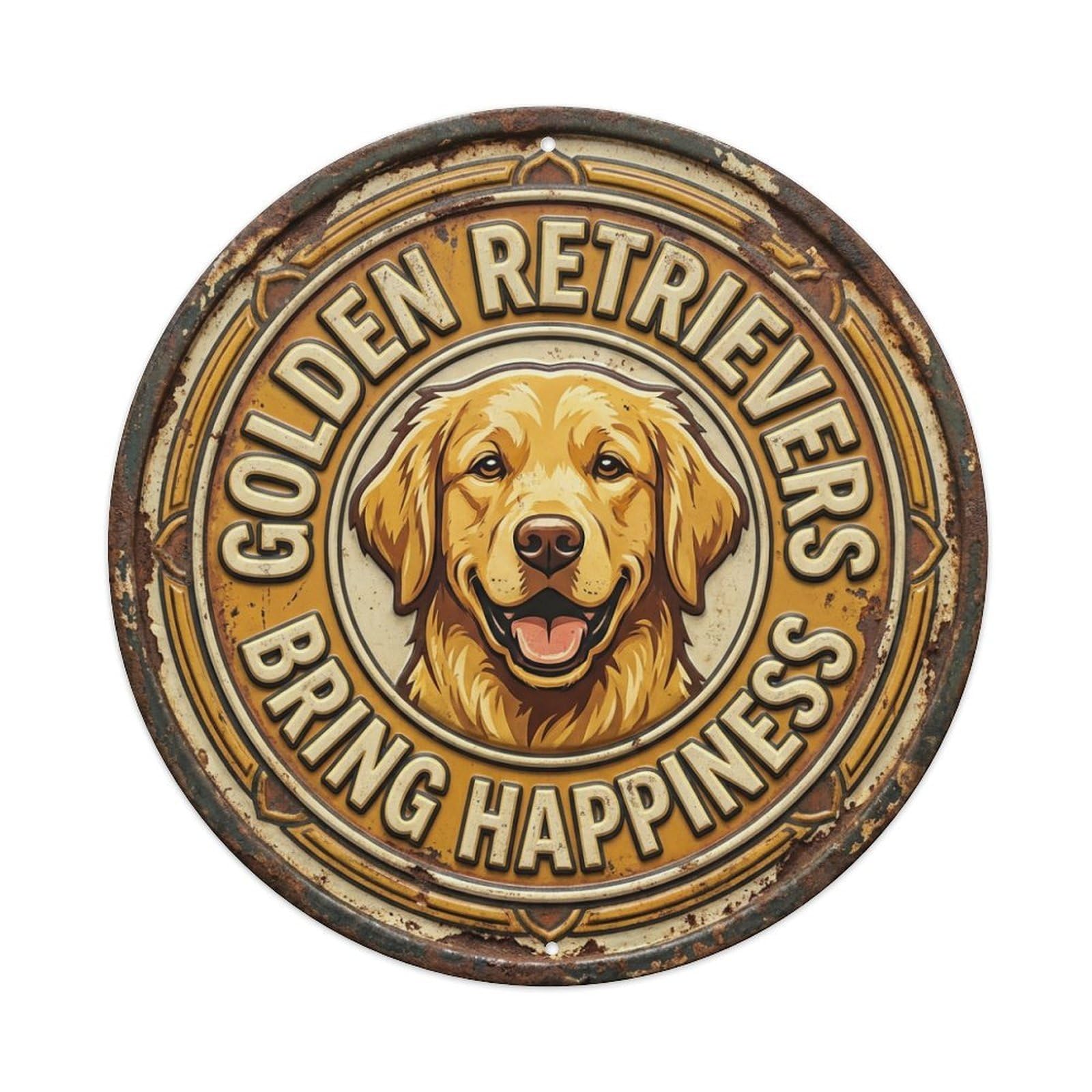 Golden Retriever Happiness Nostalgic Metal Tin Sign Plaque Wall Decor for Cafe, Club Bar, Office, Home Garden Round Metal Poster 8x8Inch