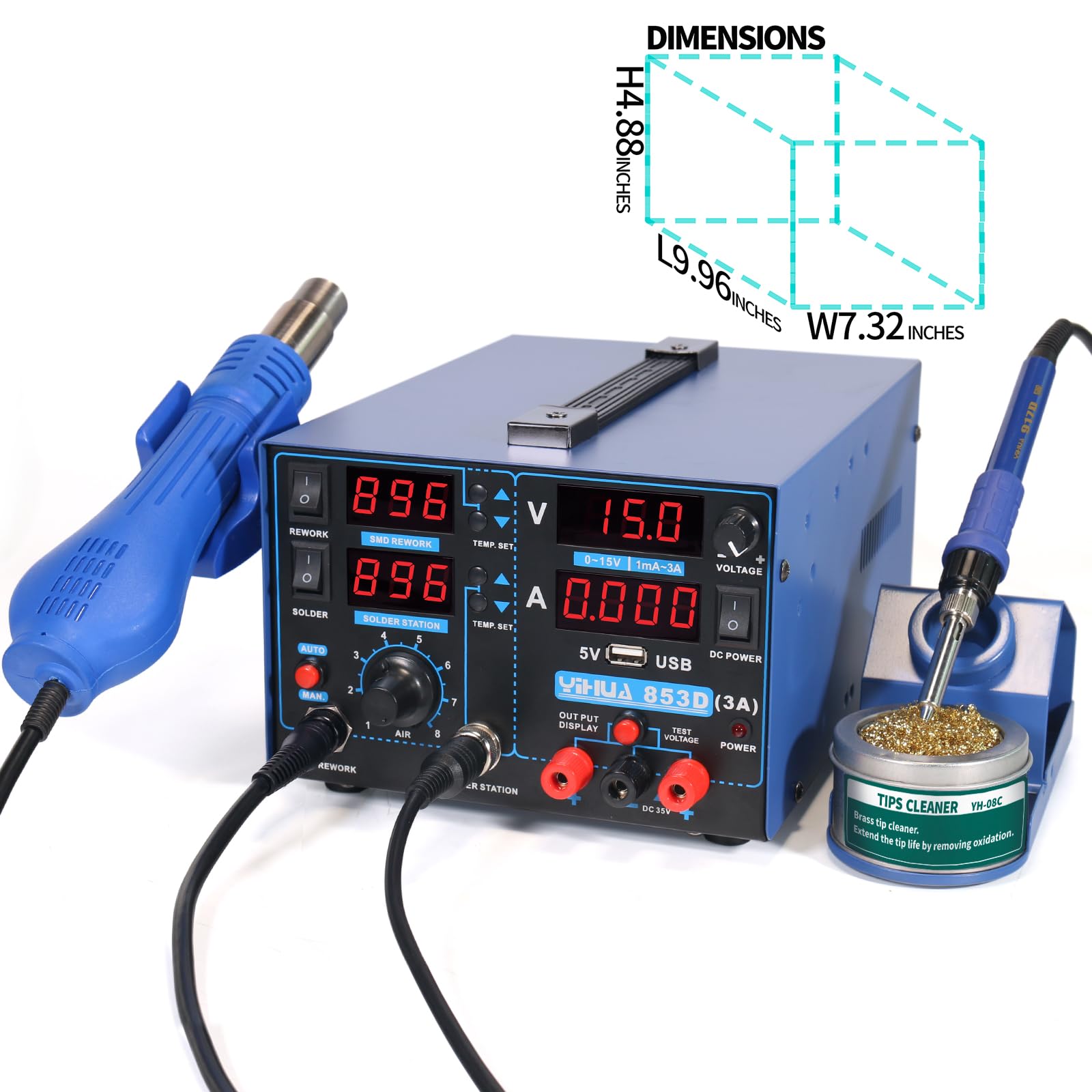 YIHUA 853D USB 3A-Tre strumenti - Stazione di saldatura, stazione di rilavorazione ad aria calda e alimentazione 0 ~ 3 A, 0-15 V con modalità di uscita e test. Anche display ºC/°F, Digital Cal,