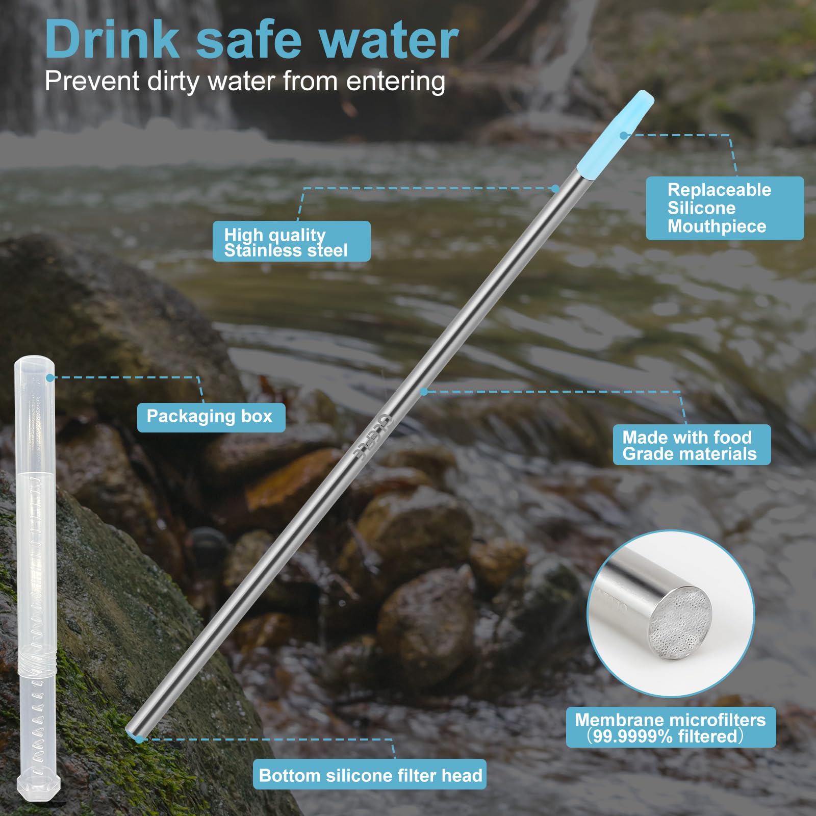 Pajita de filtro de agua personal, reutilizable, filtro de agua de acero inoxidable, portátil, equipo de supervivencia de emergencia para senderismo, camping, viajes, caza y pesca (pequeño)