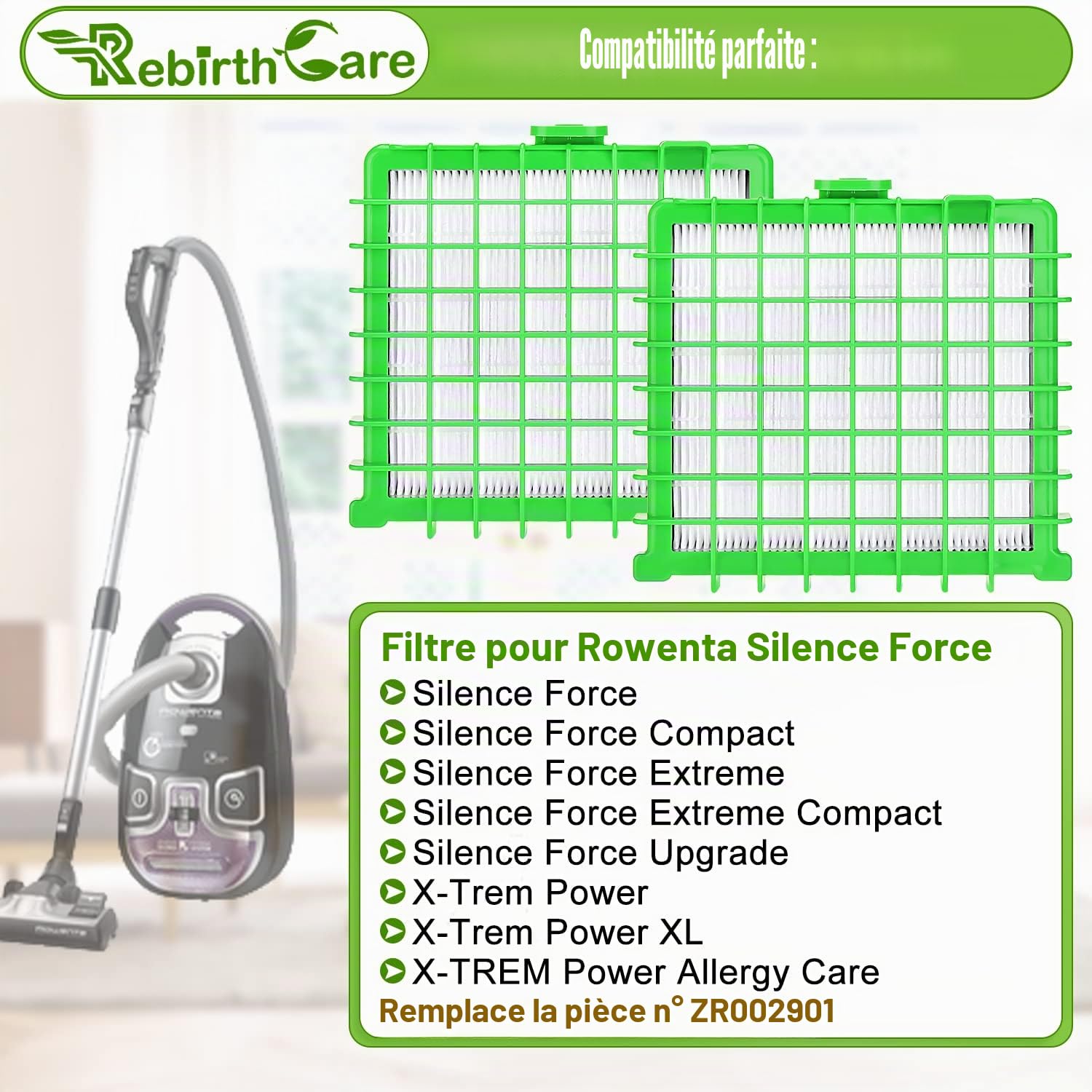 Rebirthcare ZR002901 Filtre pour Rowenta Silence Force Compact | Filtre pour Rowenta Silence Force Extreme, X-Trem Power/XL/Allergy Care RO4323 RO4523 RO5729 RO5762 RO5822 RO5825 RO5911