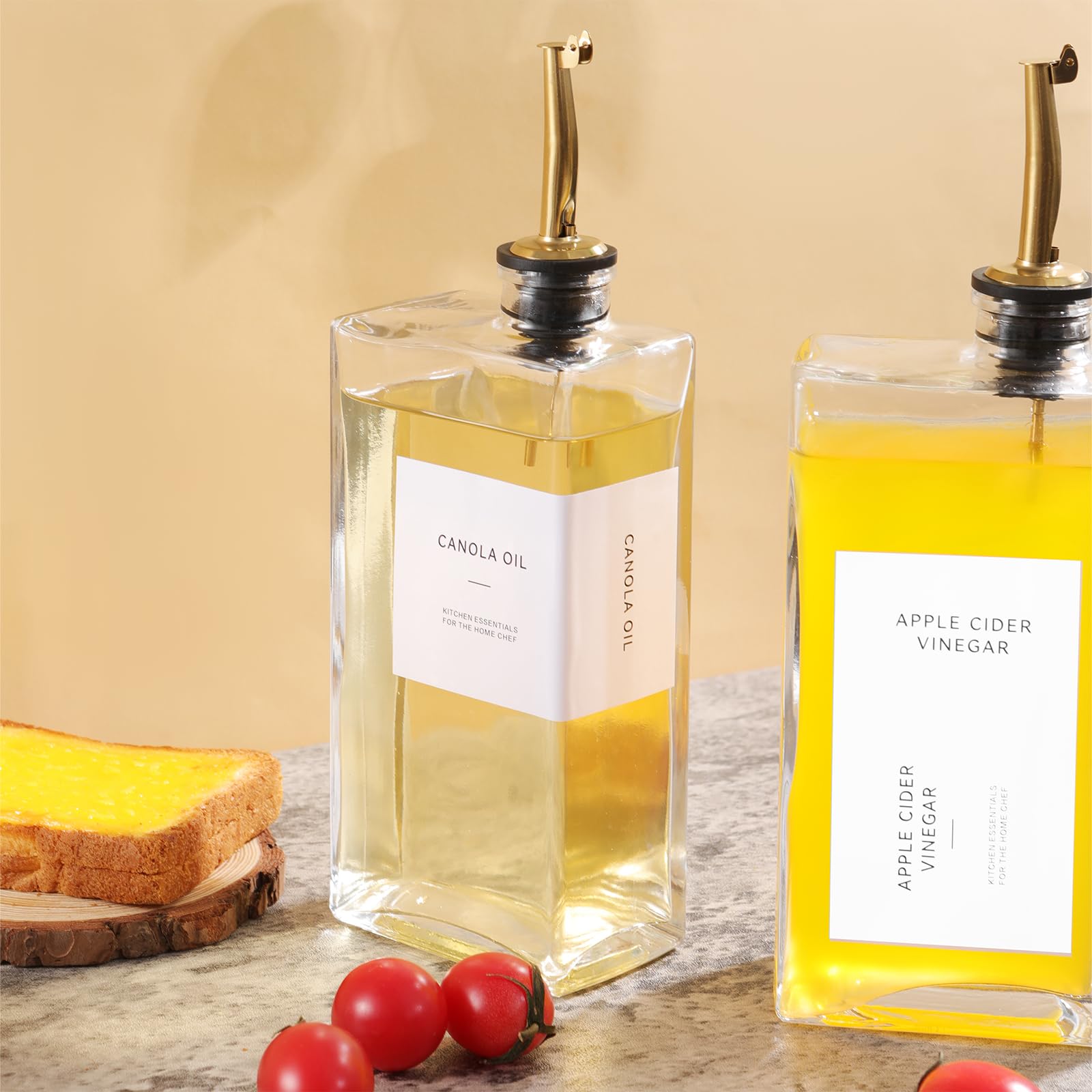 Hniuyun Lot de 4 bouteilles d'huile pour cuisine, 500 ml, distributeur d'huile d'olive, de vinaigre et de sirop de café avec bec anti-goutte, étiquettes étanches et entonnoir en silicone, doré