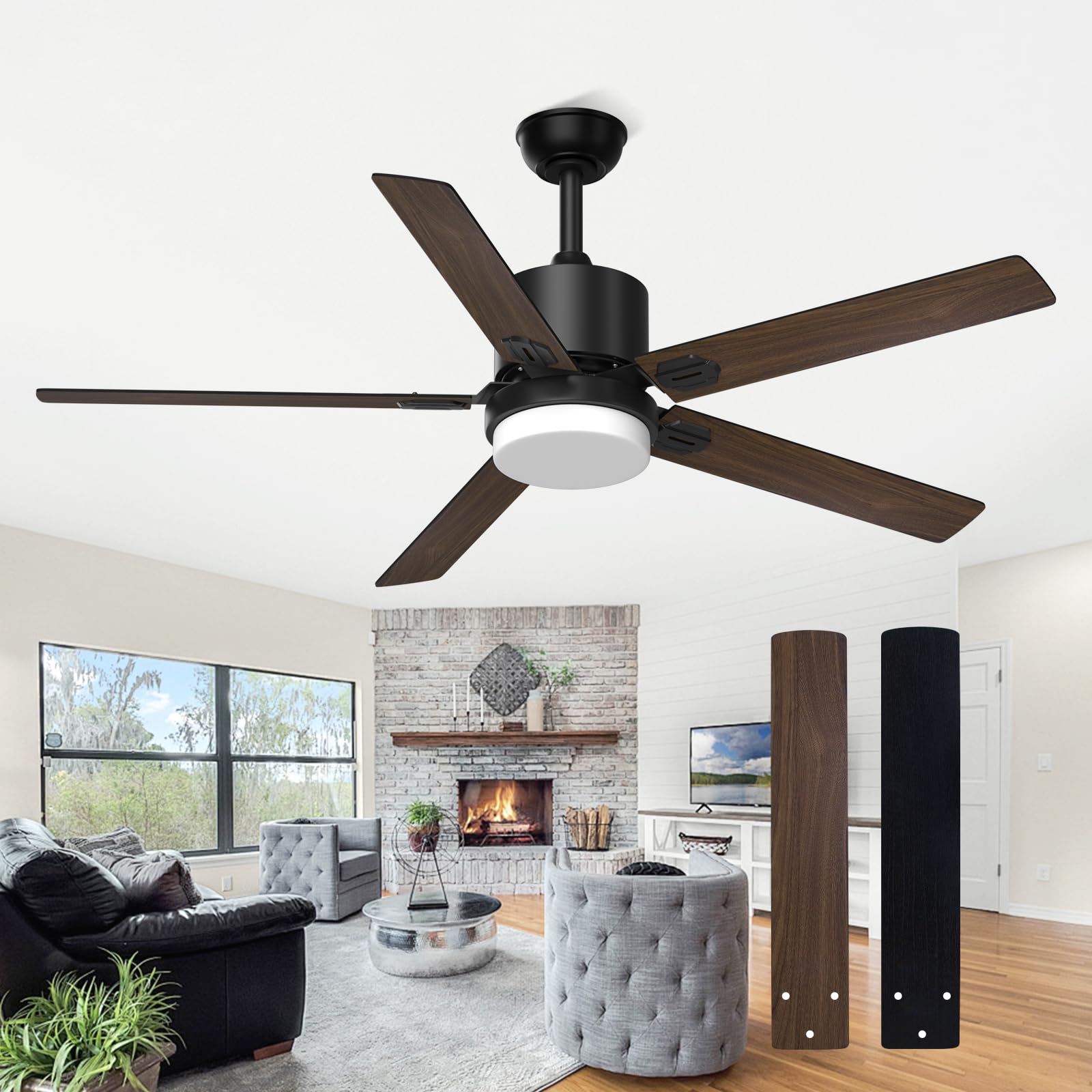 Ceiling Fans with Lights and Remote, Black Outdoor Fan with Adjustable Light 6 Speed Reversible DC Motor, 5 Blades Fan for Patio Bedroom Kitchen,52 Inch