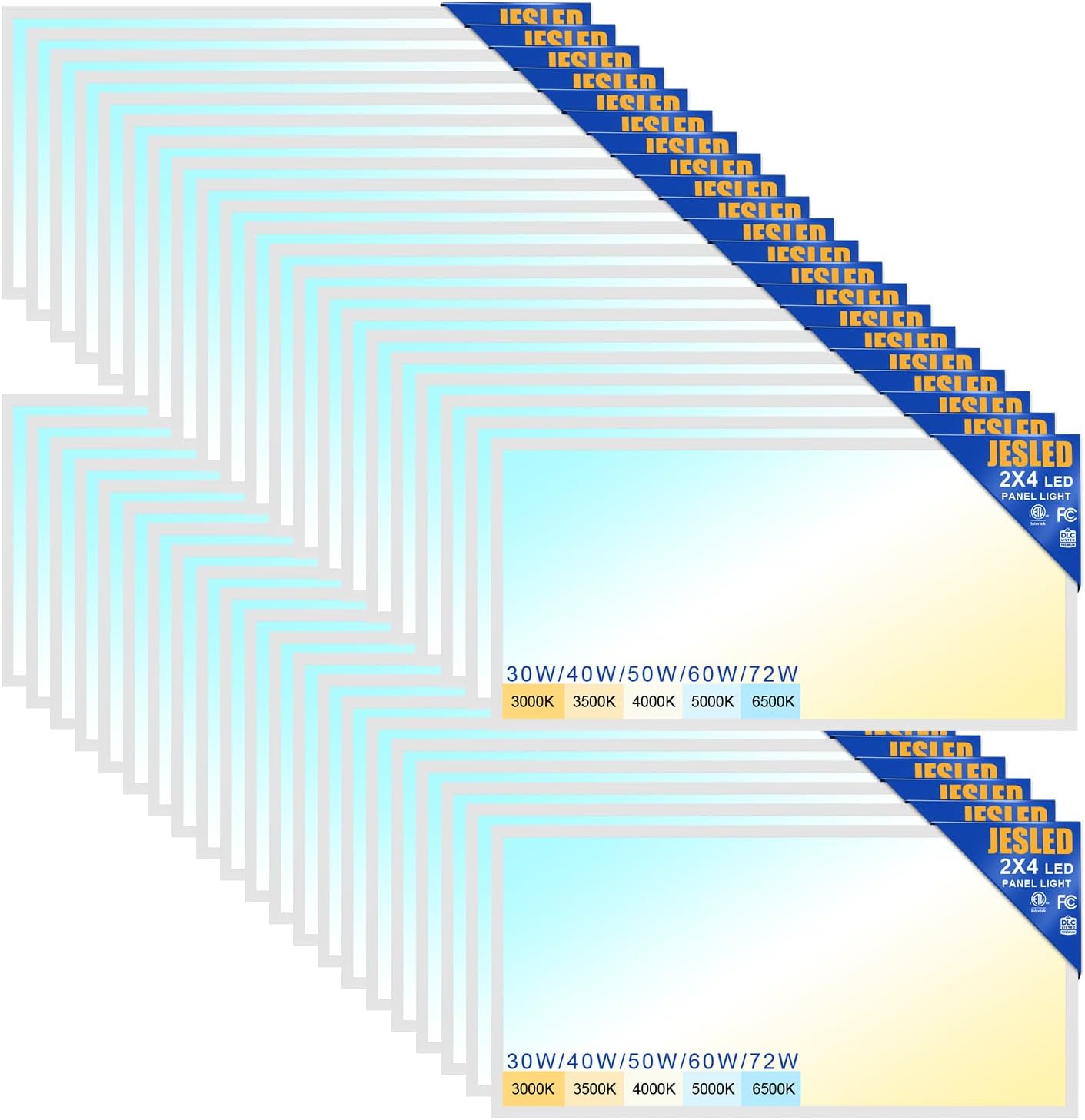 JESLED 42Pack 2x4 led Flat Panel Light, 6000LM, Drop Ceiling Lights Fixture for Office Shop Garage Basement Laundry, 30W/40W/50W/60W/72W Selectable, 5CCT Switchable, 0-10V Dimmable, DLC ETL Listed