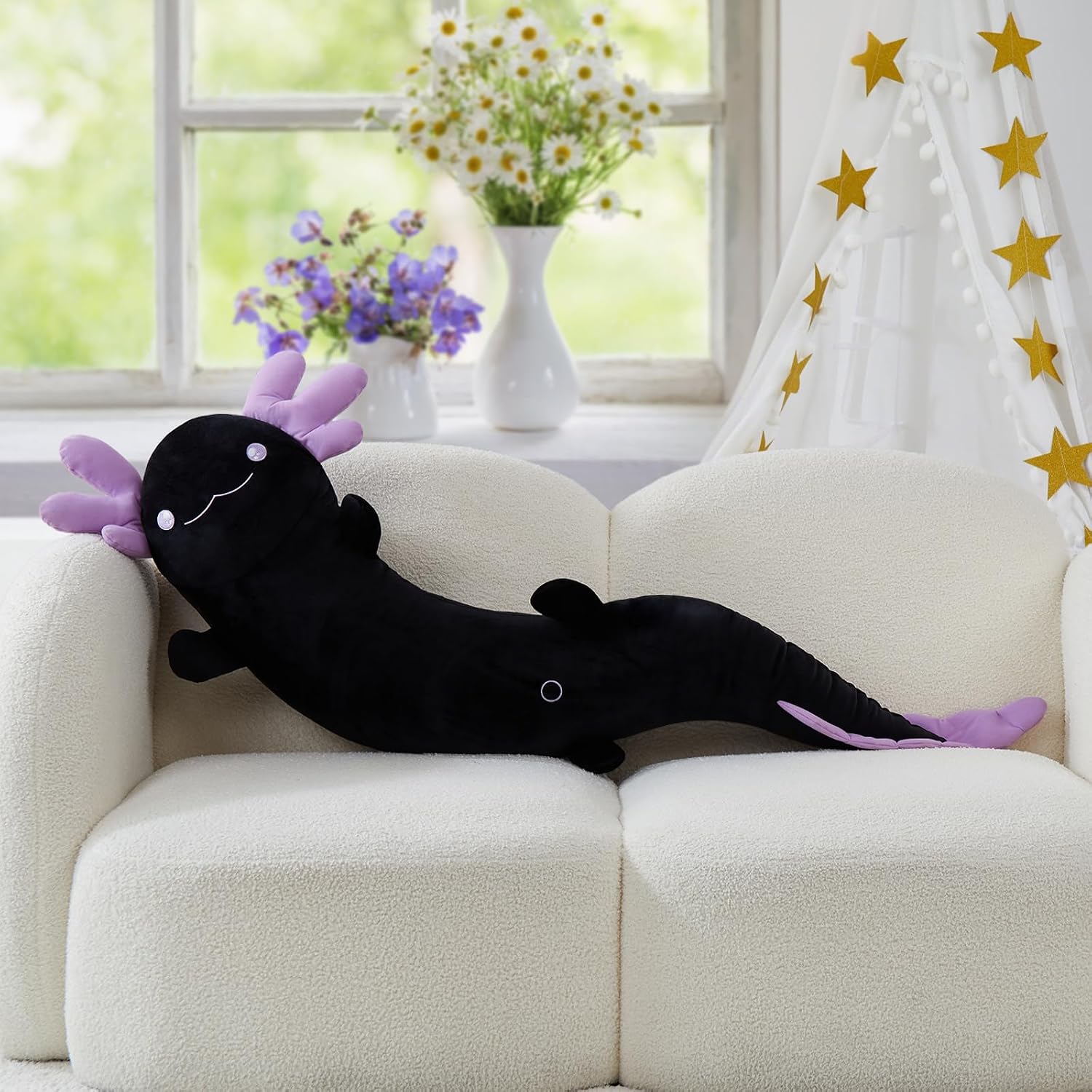 MaoGoLan 48" Giant Axolotl Plush Body Pillow, Large Black Axolotl Stuffed Animal Toy for Kid Girl Boy, Soft Salamander Plush Toy Glow in The Dark, Holiday Birthday Easter Baby Shower Decor Gift