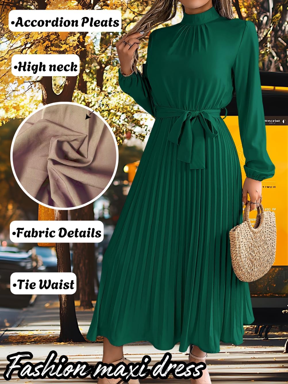 Pleated Maxi Dress, Mock Neck A Line, Fall Holiday, Long Sleeve Modest Business Casual Flowy Dresses for Women - Image 4