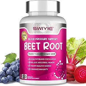 Beet Root Capsules 120 pcs, Beetroot Supplement Support Heart Health Circulation, Blood Pressure, Beets with Grape Seed Extract, Non-GMO, Gluten-Free | 1300mg per Serving