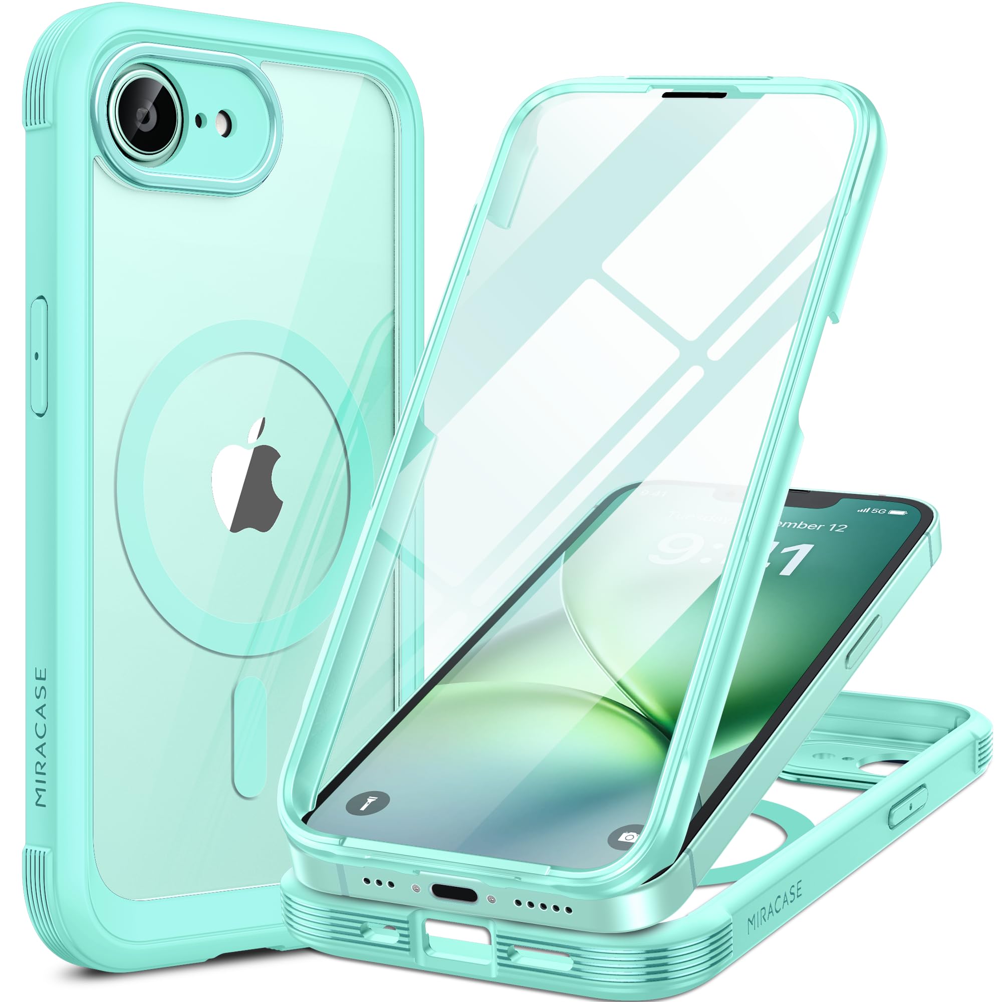 Miracase für iPhone 17e Hülle & iPhone 16e Hülle für MagSafe,[360° Ganzkörper-Stoßfest],integrierter Kratzfester Panzerglas-Schutz,Voll-Kameraschutz,langlebige, Handyhülle für iPhone 17e/16e,Minzgrün