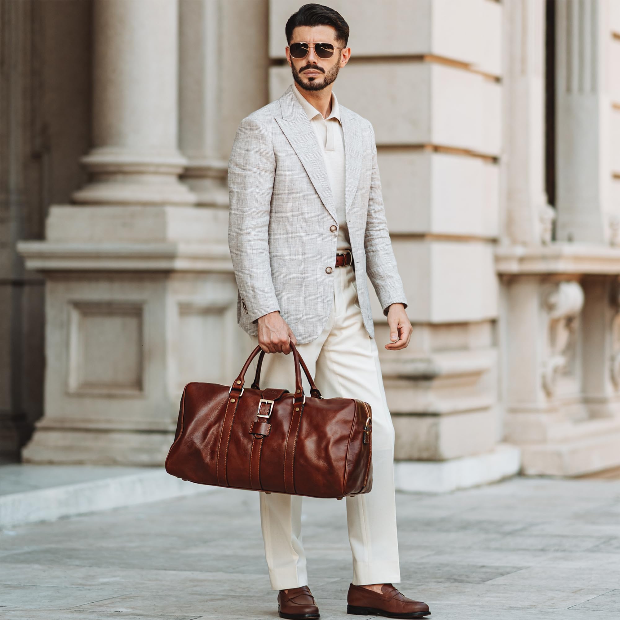 Time Resistance Bolso de Viaje de Piel para Hombre y Mujer - Bolsa de Cuero para Fin de Semana o Deporte con Cómodos Espacios