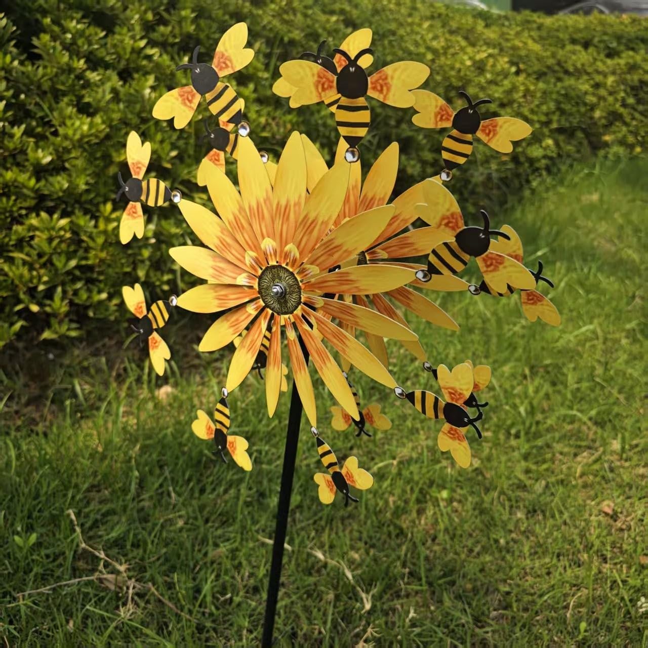 Moulin à Vent en Forme de Tournesol et Abeille, Moulin a Vent Jardin Exterieur avec Tige en Métal Décoration Rotative Alimentée par la Brise pour Pelouse, Jardin, Terrasse, Cour, Porche (A)