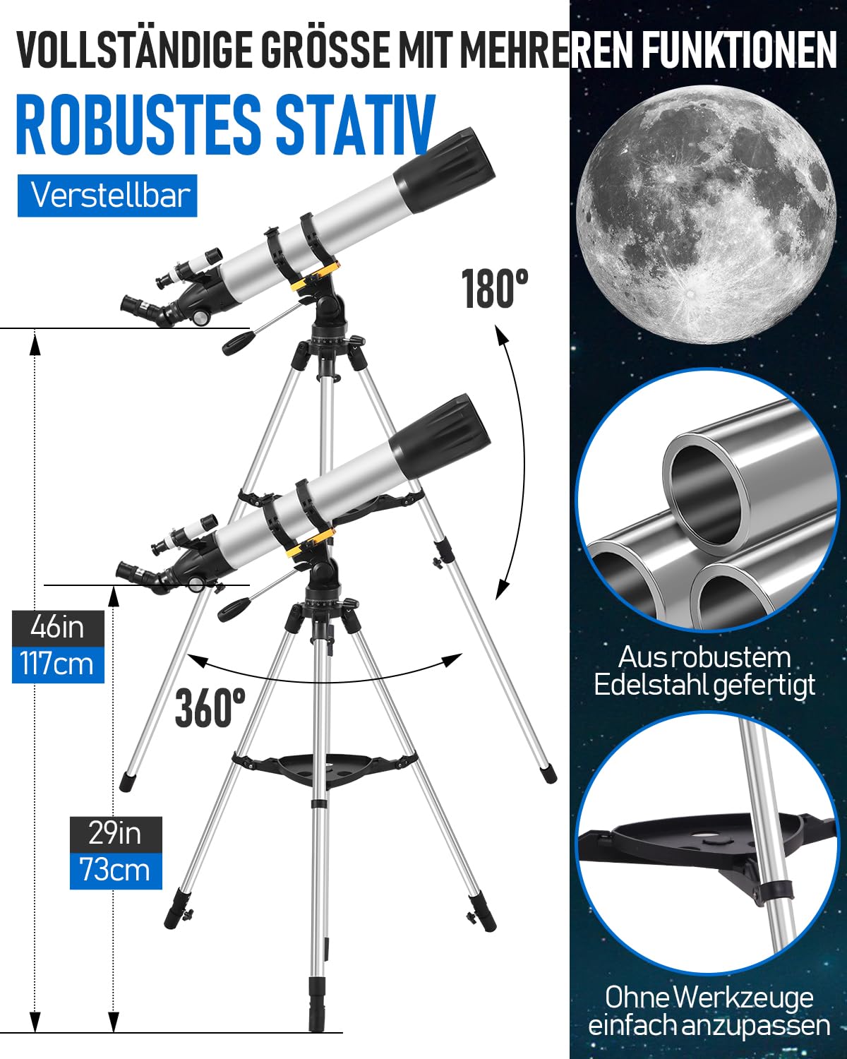 Teleskop Astronomie für Erwachsen, 90mm Öffnung 900mm Refraktor Teleskop für Kinder & Anfänger, Tragbares Reiseteleskop mit Stativ, Einem Handy-Adapter, Einer Kabellosen Fernbedienung