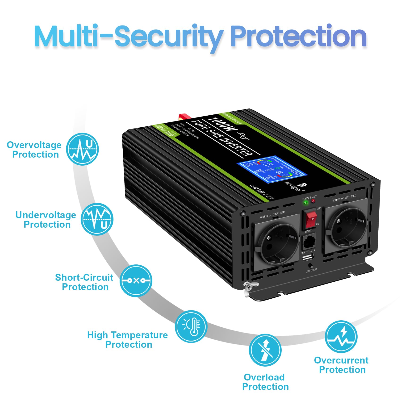 NOVOPAL 1000W Convertitore puro Sinus -DC 24 V a AC 220 V/230 V Inverter con display LCD e telecomando -Potenza di punta 2000 W Trasformatore di tensione