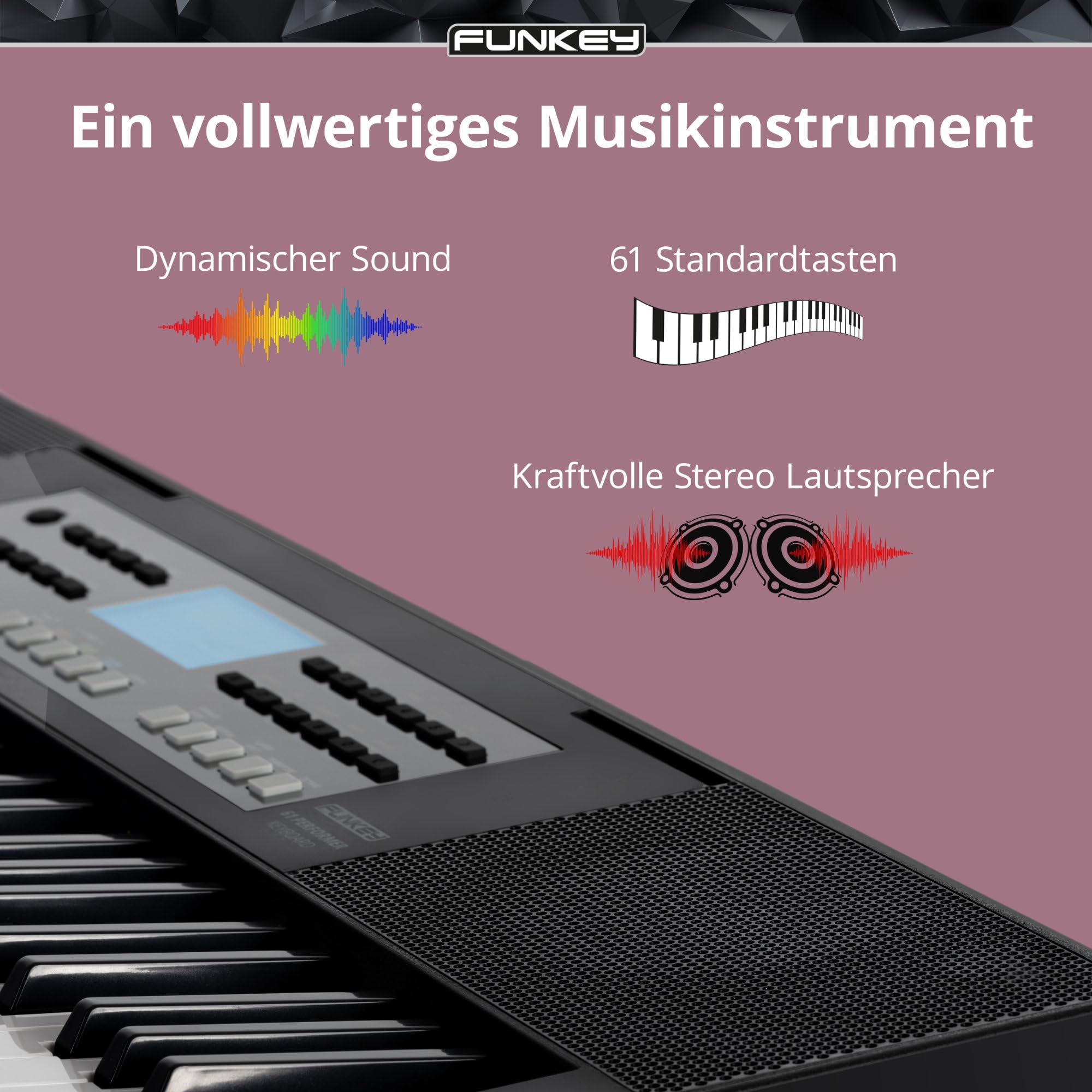 FunKey 61 Performer Schwarz, Tastatur & Spielgefühl, Touch Response: OFF | 61 anschlagsdynamische Tasten, Soft, Normal, Hard, Layer-Funktion (2 Sounds kombinierbar), Octave-Funktion ± 1 - 2 Oktaven