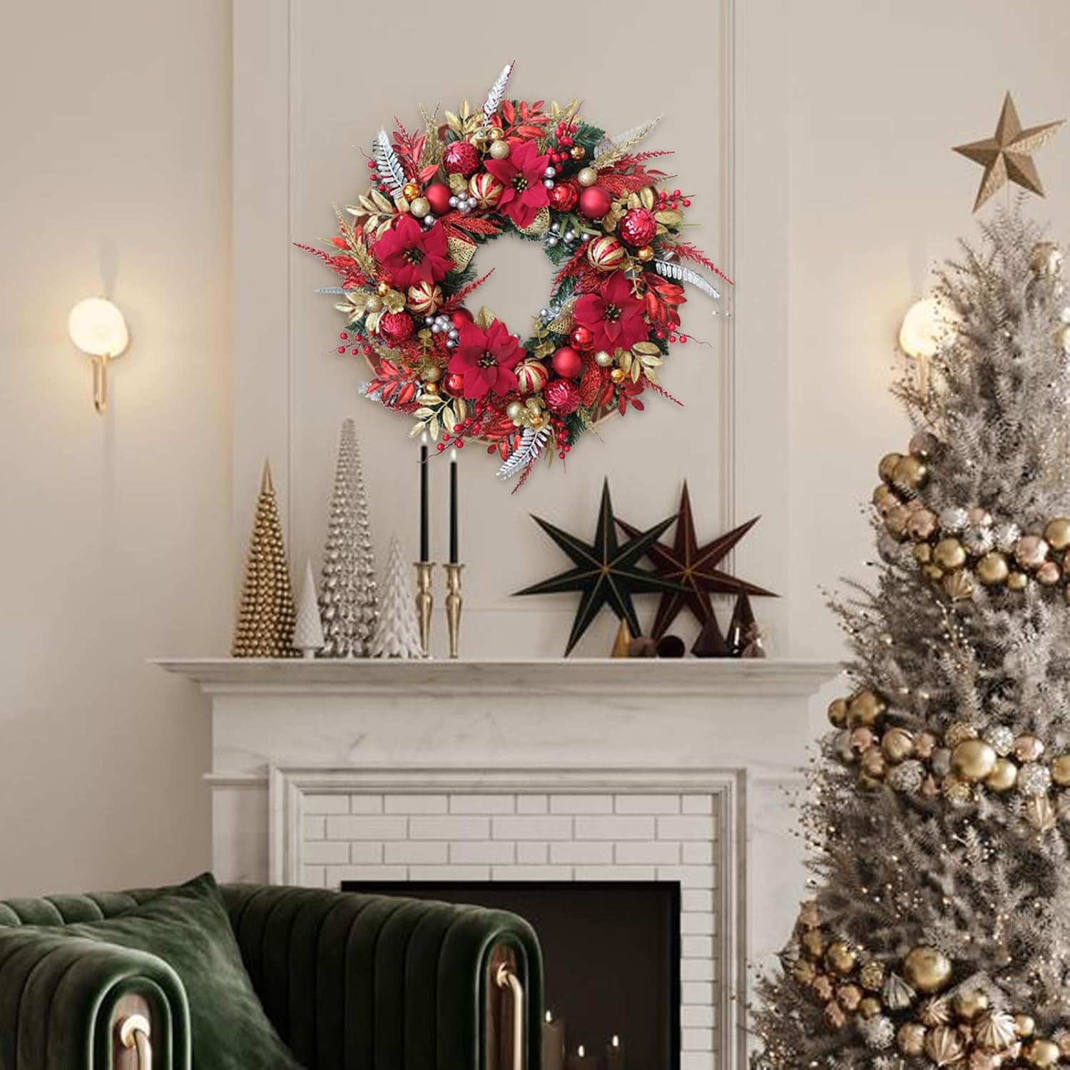 24-inch Christmas Wreath Handcrafted Red Gold Glitter Ball Red Flower Pine Needle Wreath Christmas Thanksgiving Front Door Fireplace Window Decoration Party Wedding Courtyard Decoration