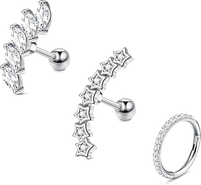 CASSIECA 3PCS 16G Stainless Steel Cartilage Earring Curved Vine CZ Star Upper Ear Helix Conch Cartilage Piercing Earring Helix Earring Hoop Daith Earring Piercings Jewellery for Women Girls