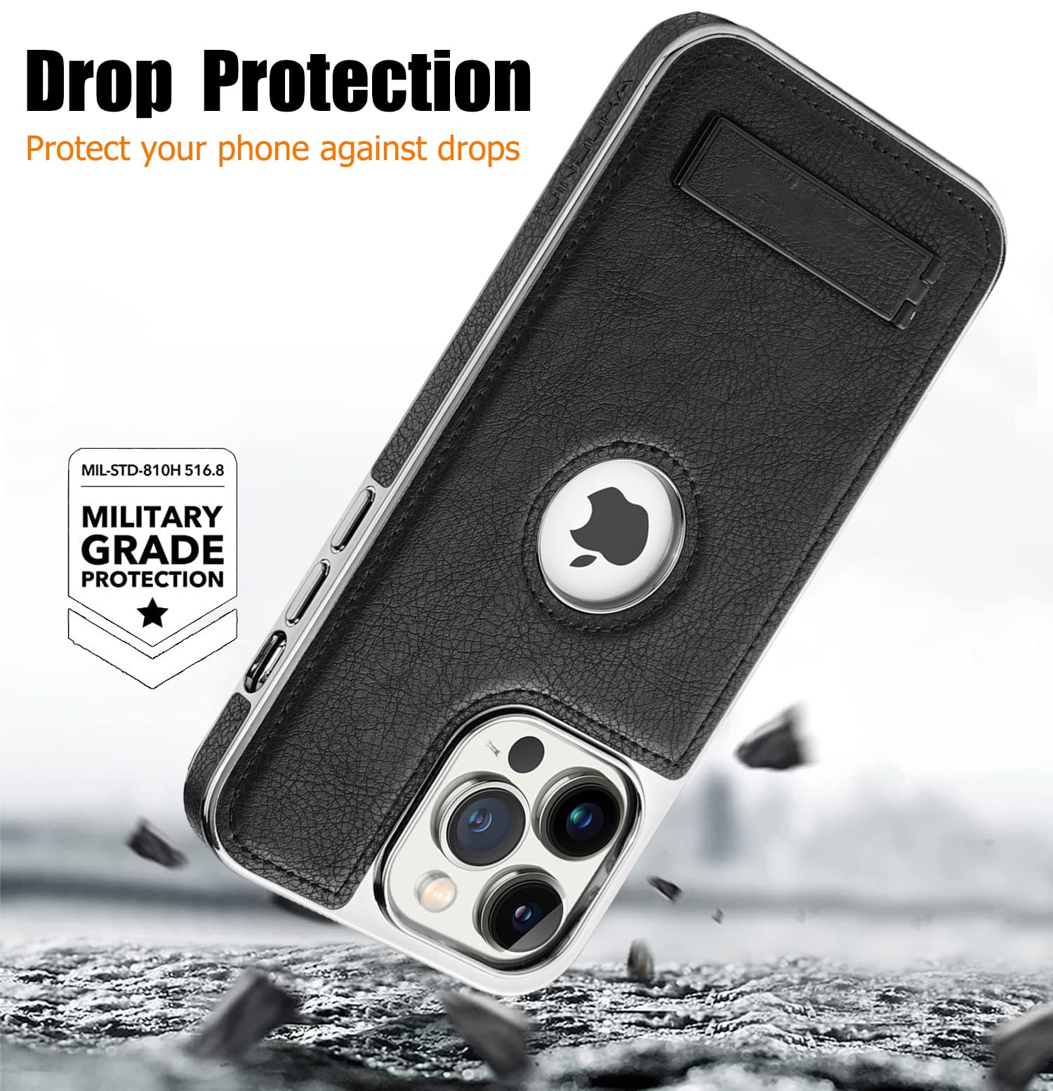 Custodia In Pelle Per IPhone 16 Pro Max Con Cavalletto Regolabile - Bordi Placcati Lusso, Antiurto Livello Militare - Nero - 3