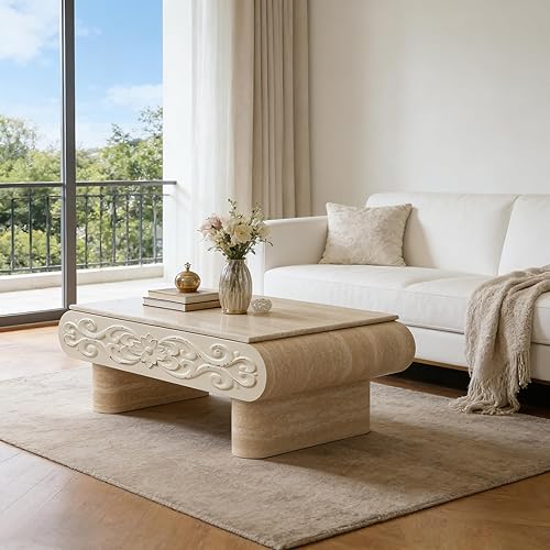 SSLine Lift Top Coffee Table with Hidden Storage, Faux Travertine Coffee Tables with Vintage Carved Decor, Rising Tabletop Dining Center Table for