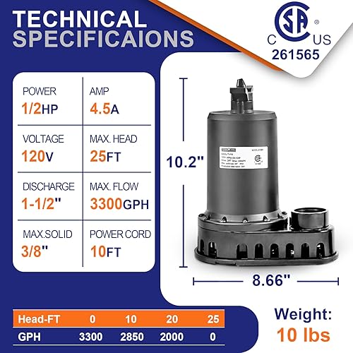 Miniatura 4 de WASSERMANN Bomba de agua sumergible de 12 HP, bomba termoplástica de utilidad de 3300 GPH, bomba eléctrica portátil de transferencia de sumidero