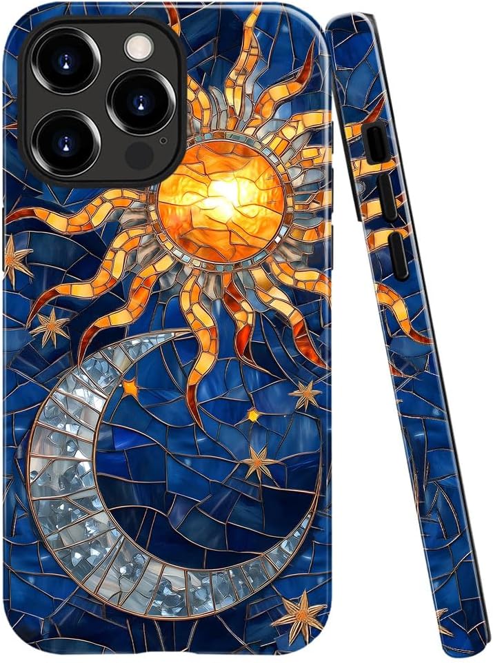 Case for iPhone 15 Pro Max,Fits Glossy Case Design for Girl Women,Celestial Stained Glass Sun Moon Star Blue