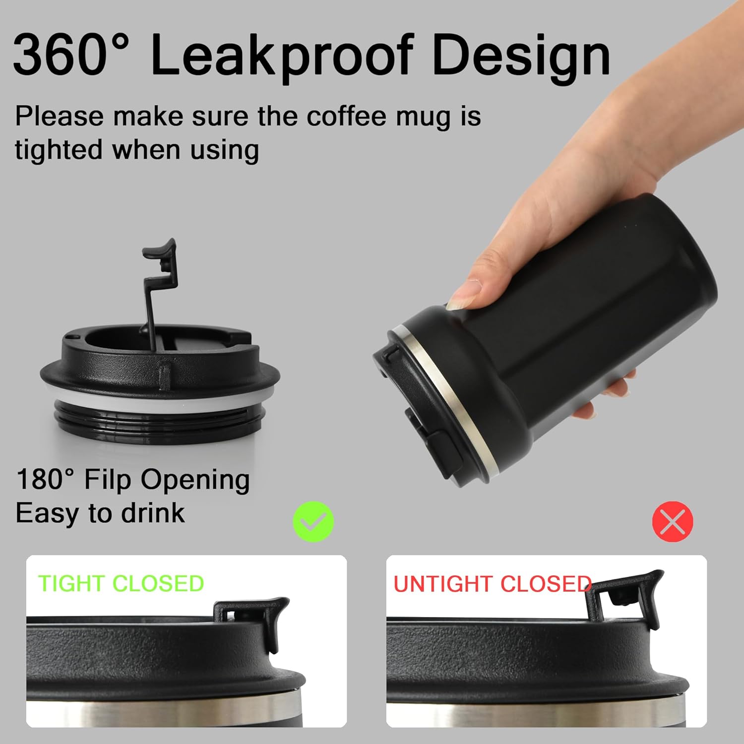 sweet grain Travel Coffee Mug - 17oz Vacuum Insulated Coffee Mug with Lid & Hand Rope, Stainless Steel Leakproof Coffee Travel Mug for Keep Hot/Ice Coffee,Tea and Beer - Black - Image 5