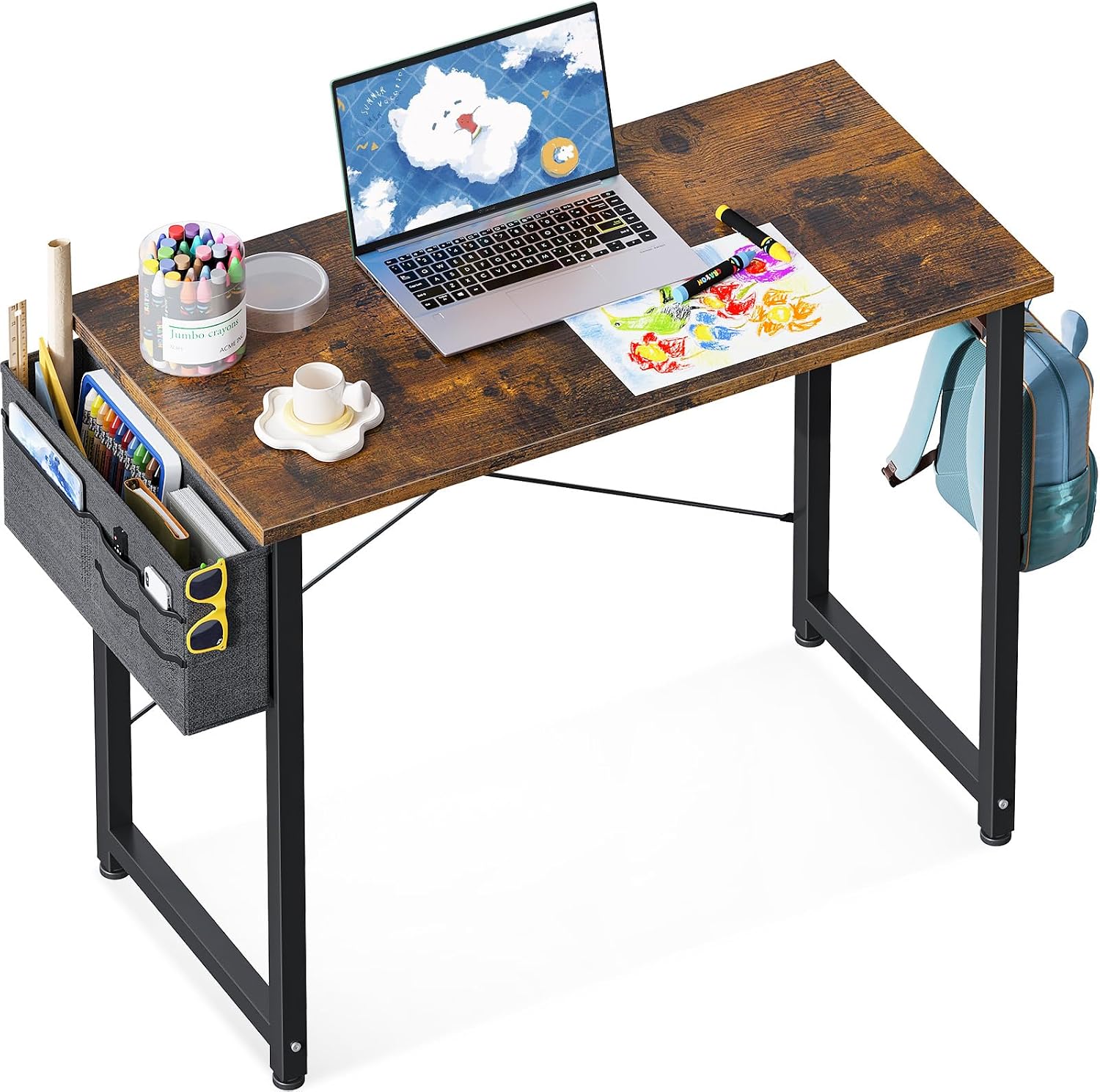 ODK 32-inch Vintage Computer Desk with laptop, art supplies, storage bag, and headphone hook.