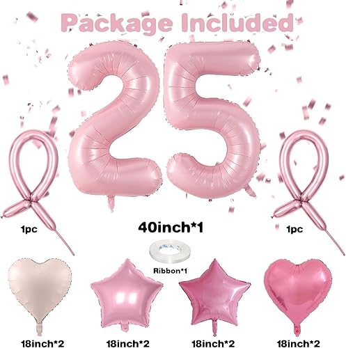 Miniatura 2 de Juego de 25 globos rosa pastel, juego de globos de número 25 25 de color rosa bebé, globo de corazón de estrella de papel de aluminio rosa con globo