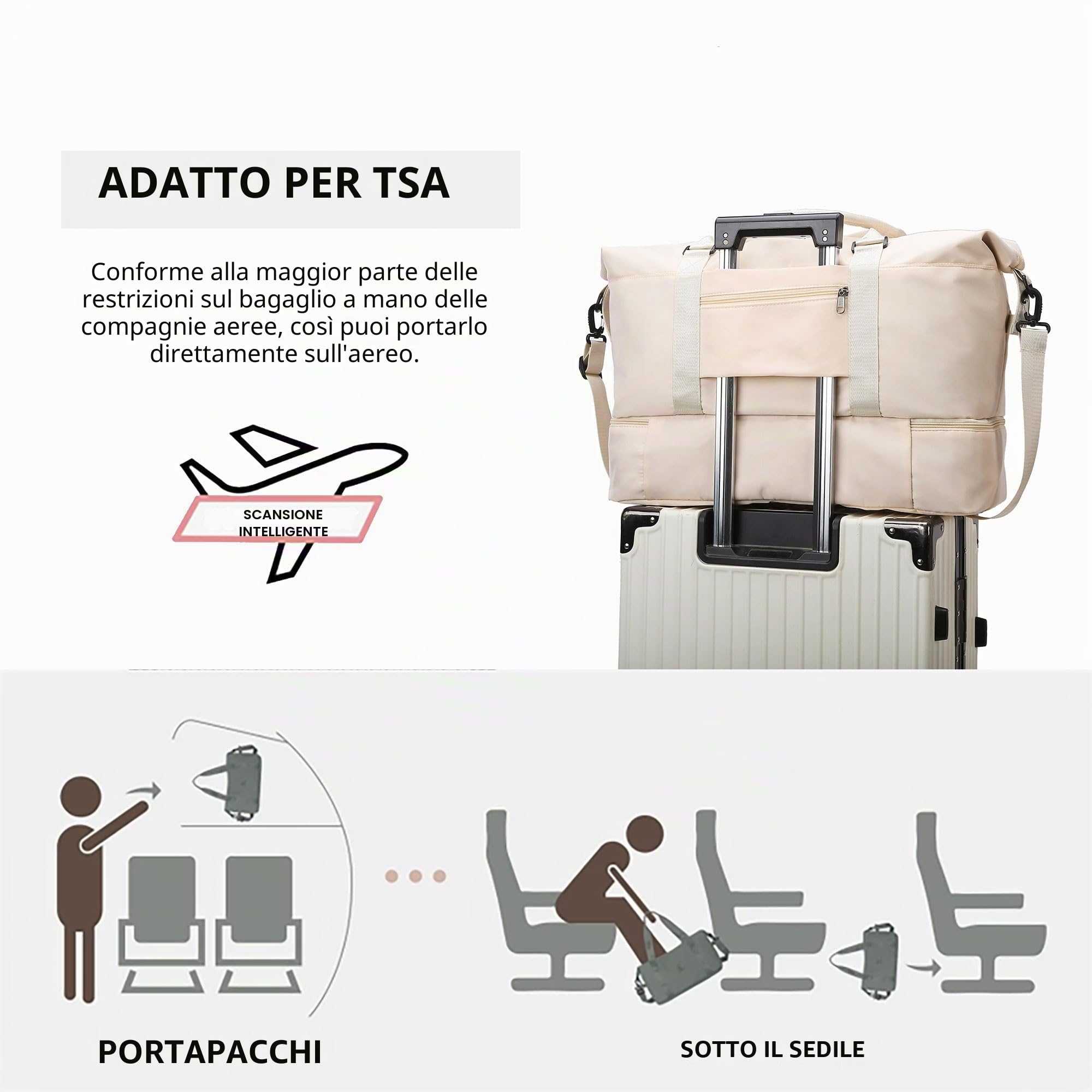 Borsoni Borsone da Viaggio Donna Borsa Palestra Bagaglio a Mano Borsa da Viaggio Sportiva Tote Gym Borsa Ospedaliera Capacità Grande Impermeabile Pieghevole per Uomo e Donna (Beige)