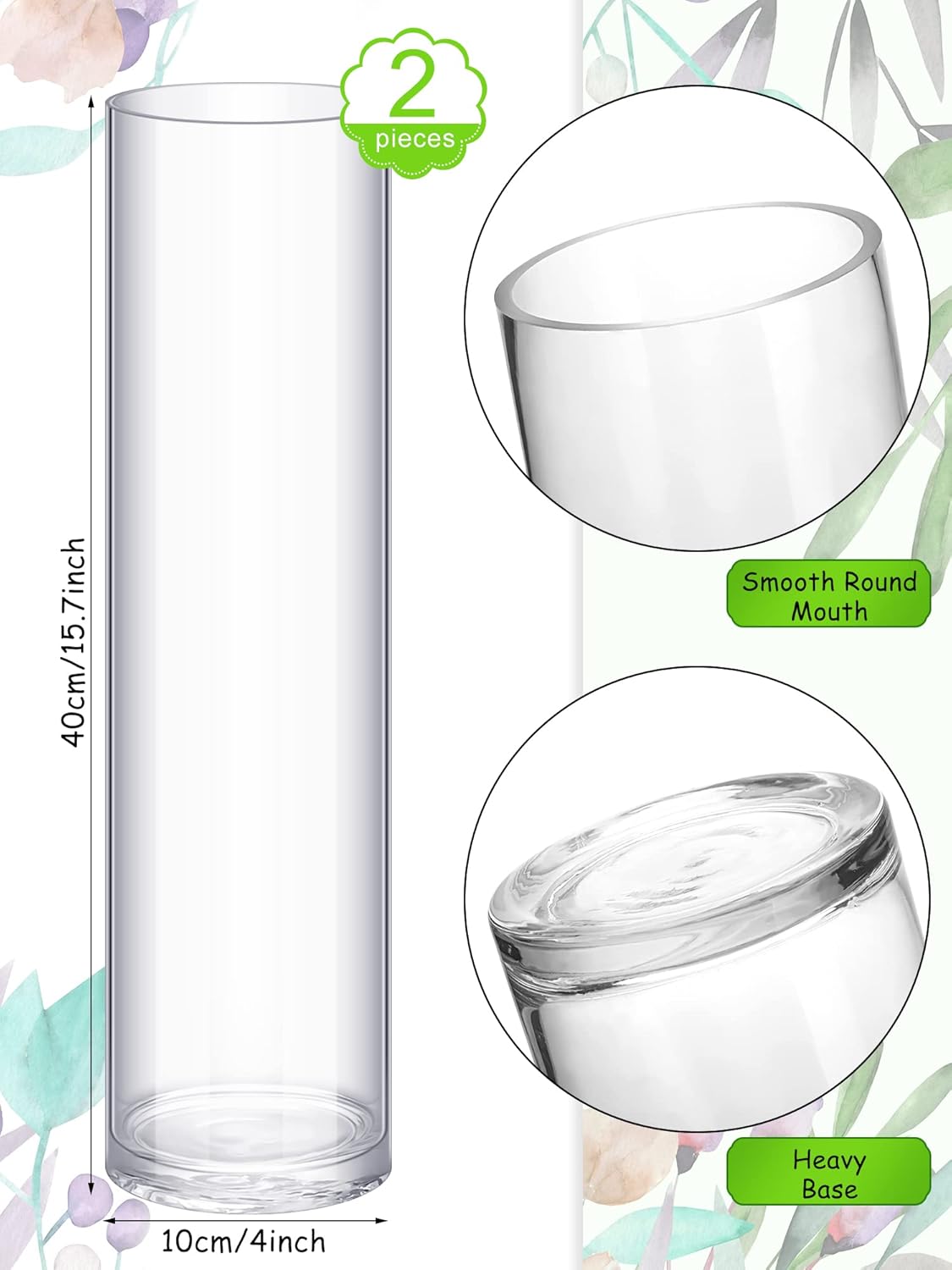 2 Pieces Cylinder Glass Vase Floral Container Clear Floor Flower Tall Skinny Floating Candle Vases for Centerpieces Cylinder Candle Holders for Wedding Party Home Decor