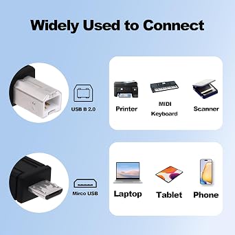Micro USB Printer Cable Micro USB 5pin Male to Standard USB Type B Male OTG Data Charge Cable for Phone Tablet Printer Electronic Midi Piano -1.5M -2pcs