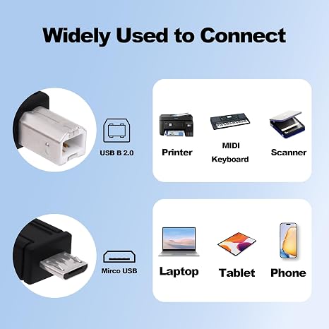 Micro USB Printer Cable Micro USB 5pin Male to Standard USB Type B Male OTG Data Charge Cable for Phone Tablet Printer Electronic Midi Piano -1.5M -2pcs