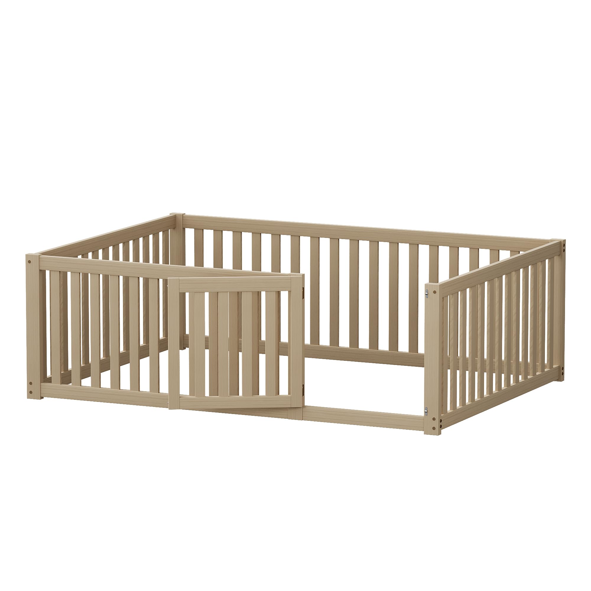 Zepneiy Lit Enfant 140 x 200 cm, Cadre de lit au Sol en Bois Massif, lit Enfant avec clôture et Porte, Coloris Naturel