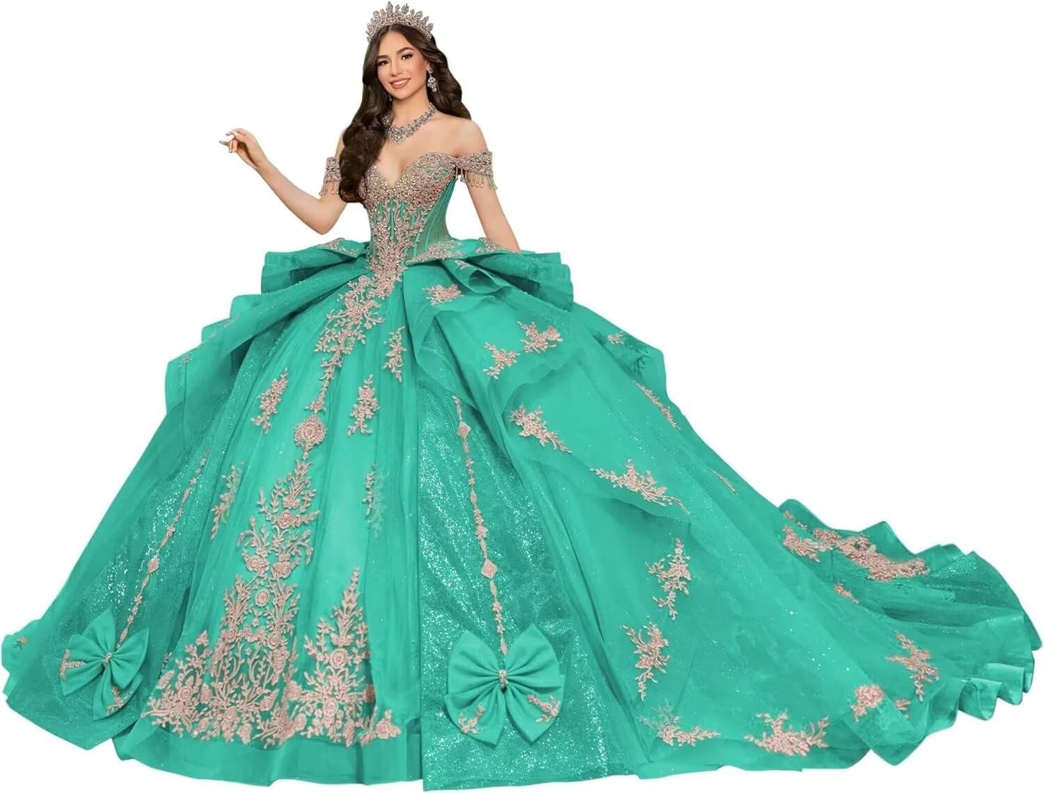 Noble Quinceanera Dresses with Big Bow Gold Appliques Ball Gown with Tassels Women Prom Dress with Long Train PM004