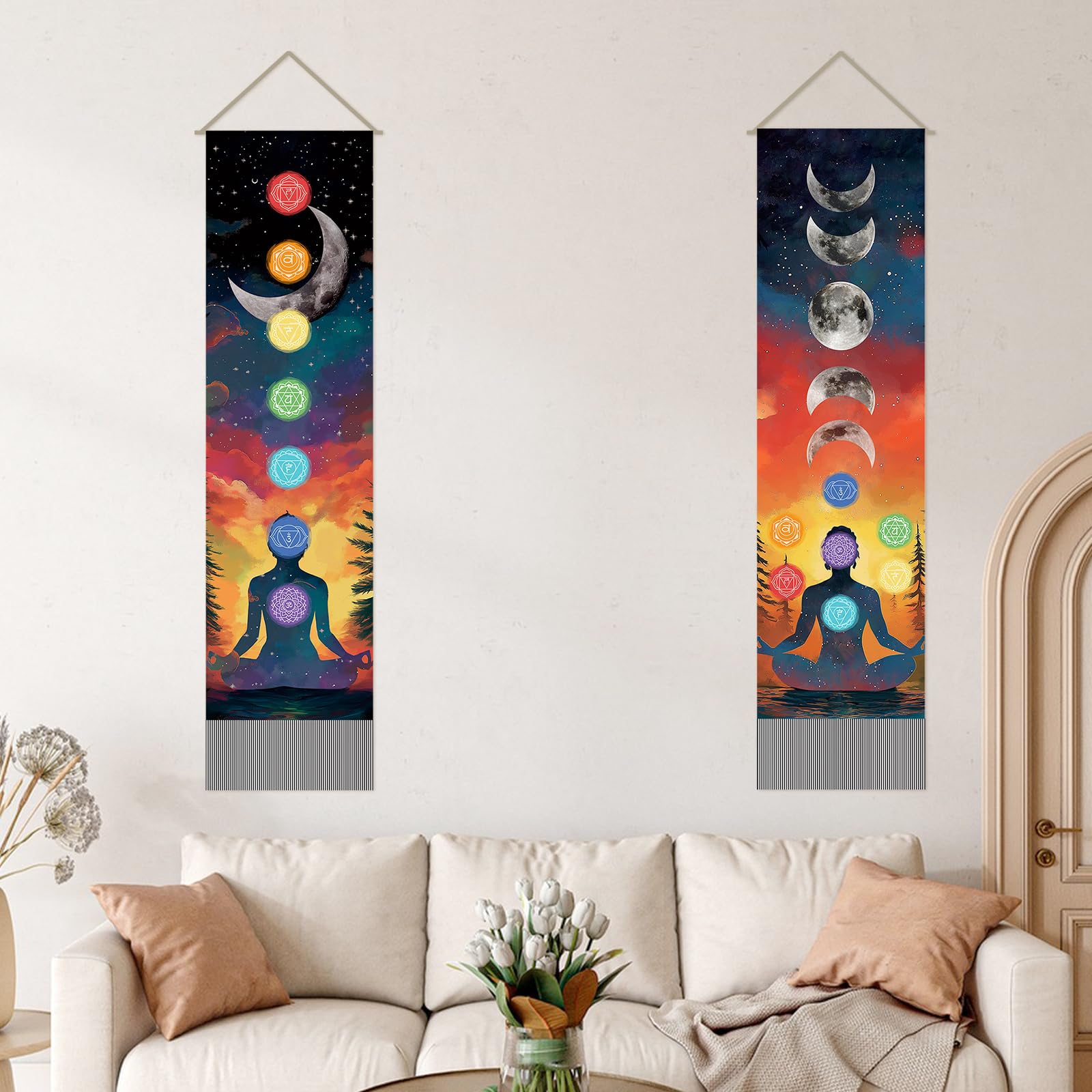 SUPERDANT Arazzo Dei Sette Chakra Meditazione Tappezzeria Da Parete Fasi Lunari Decorazione 2 Tappeti Lunghi Con Frange Per Soggiorno Camera Da Letto Yoga 130x33 cm