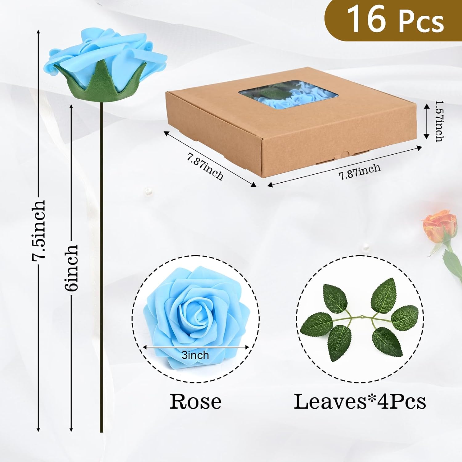 BLEUM CADE 16Pcs Artificial Flowers Fake Roses with Stems, Sky Blue Boxed Foam Roses for DIY Bouquets Centerpieces Wedding Party Arrangement Bridal Shower Decor - Image 3