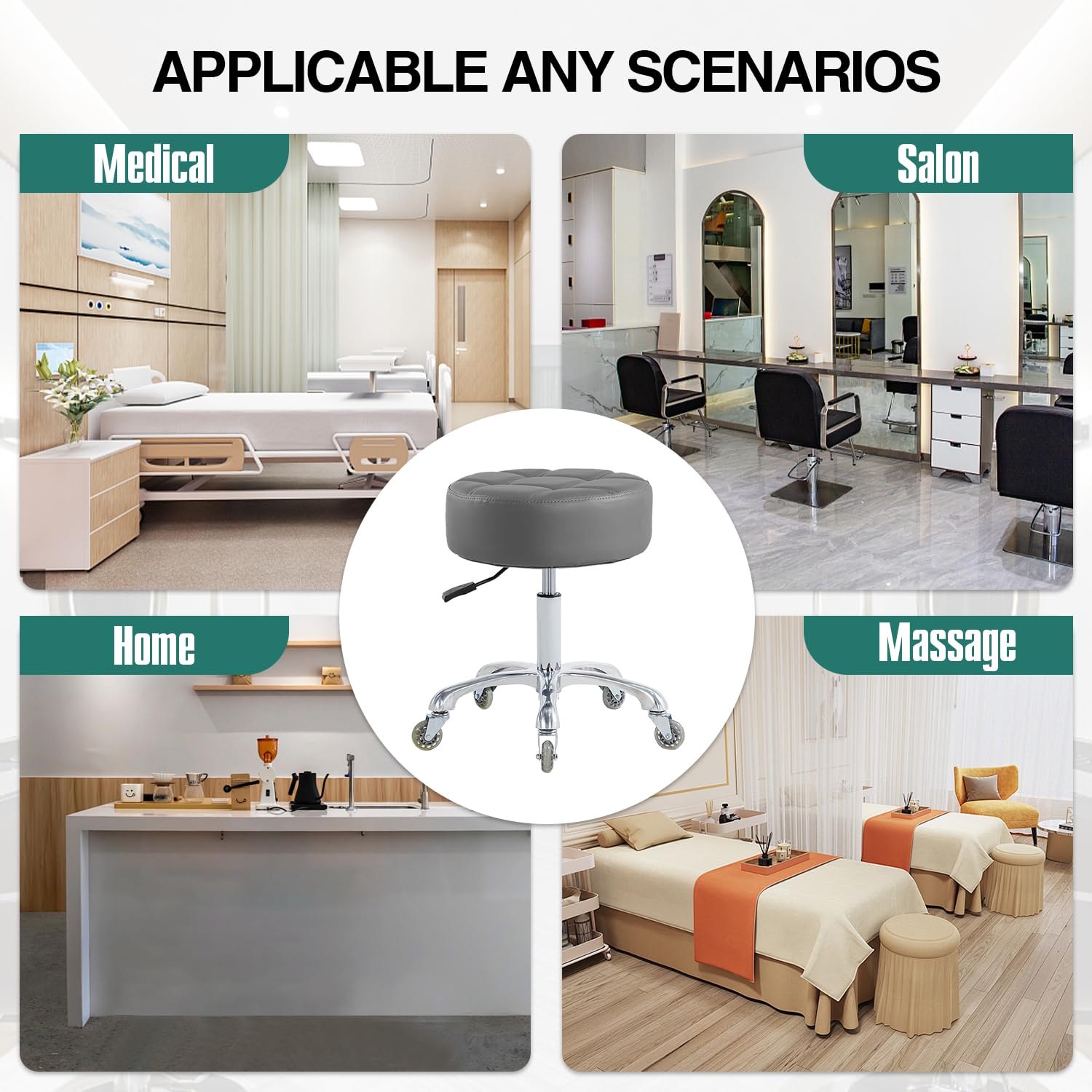 Ainilaily Tabouret à roulettes réglables en Hauteur pour Massage, Tatouage médical, Spa, Bureau pivotant Robuste (Coussin Super épais, Gris)