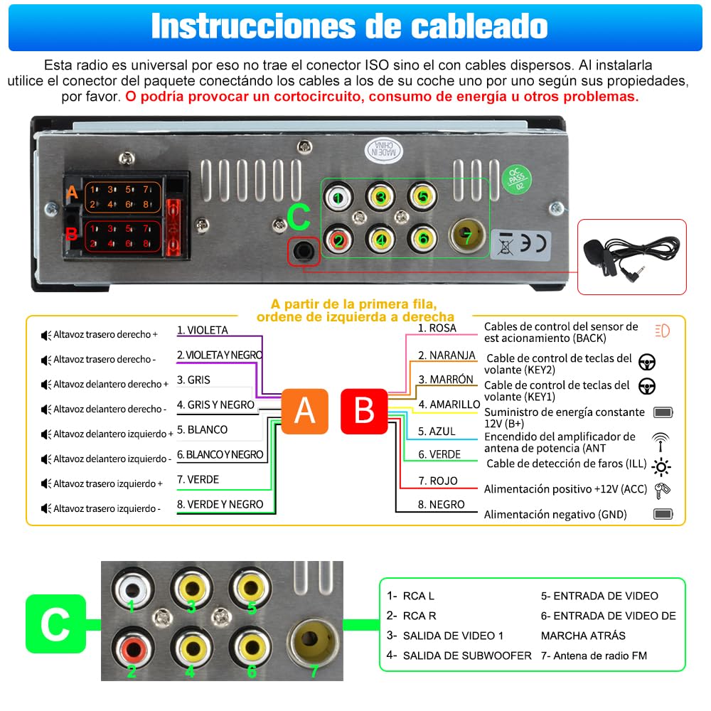 1 DIN Universal Radio Coche con Pantalla Táctil 6.36 Pulgadas, con CarPlay/AndroidAuto, Admite Carga Type-C/USB/Micrófono/FM/EQ/WiFi/GPS/Bluetooth/USB/SWC y Cámara Trasera