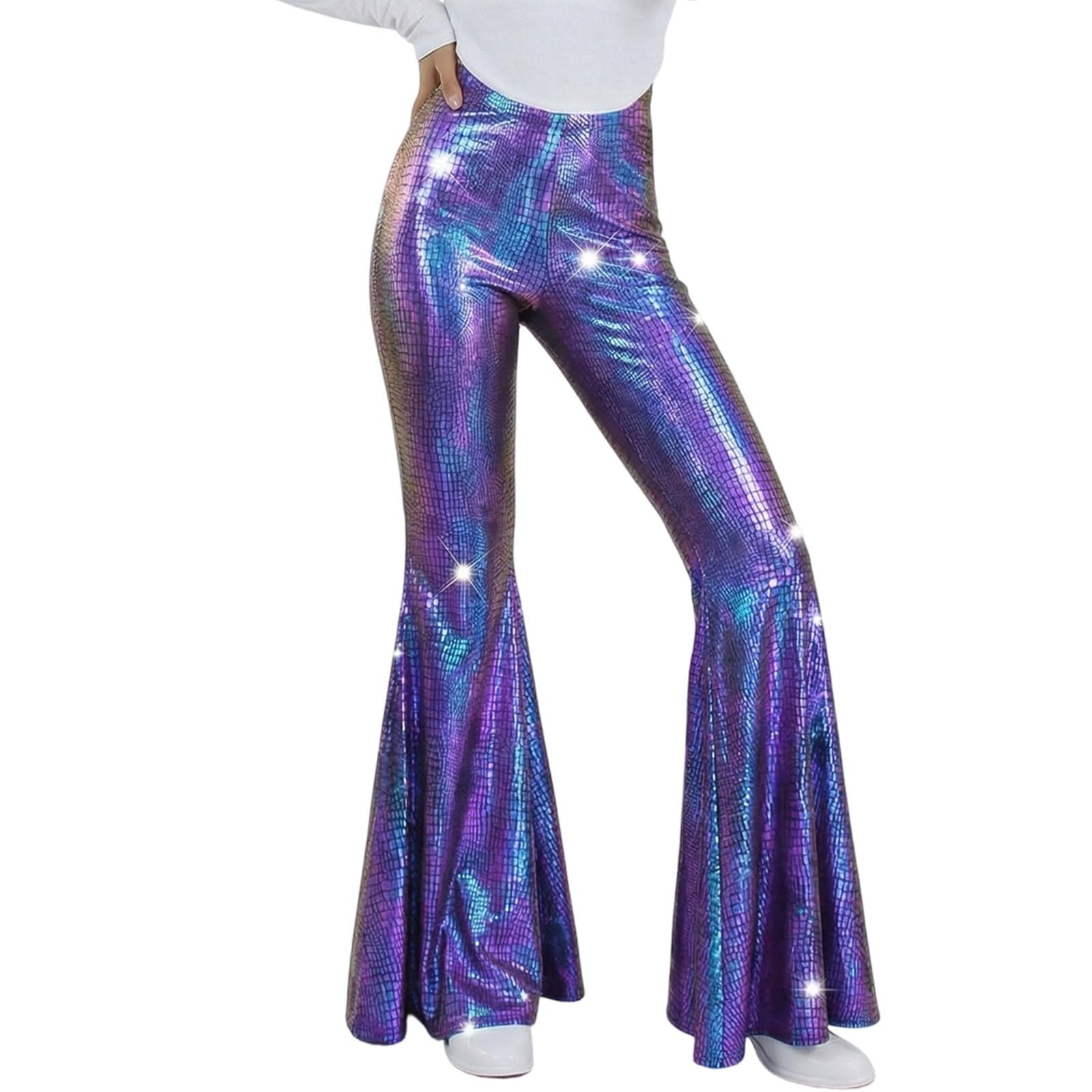 Sequin Flare Pants Sparkly Glitter High Waisted Stretchy Bell Bottoms Leggings Party Disco Clubwear for Women Fancy Dress for Dance Performance Stage Show Jazz Club Night Out Carnival Purple