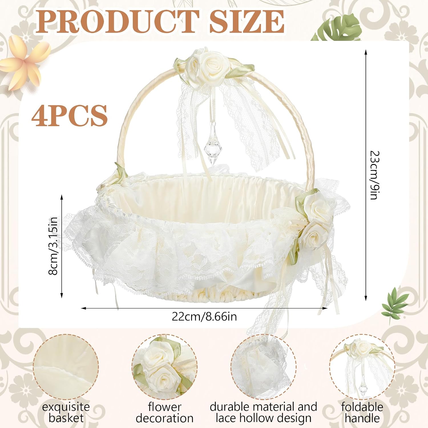 Honeydak 4 Pcs 9 Inch Wedding Flower Girl Baskets with Foldable Handle, Satin Lace Bowknot Baskets for Wedding Flower Girl (Ivory)