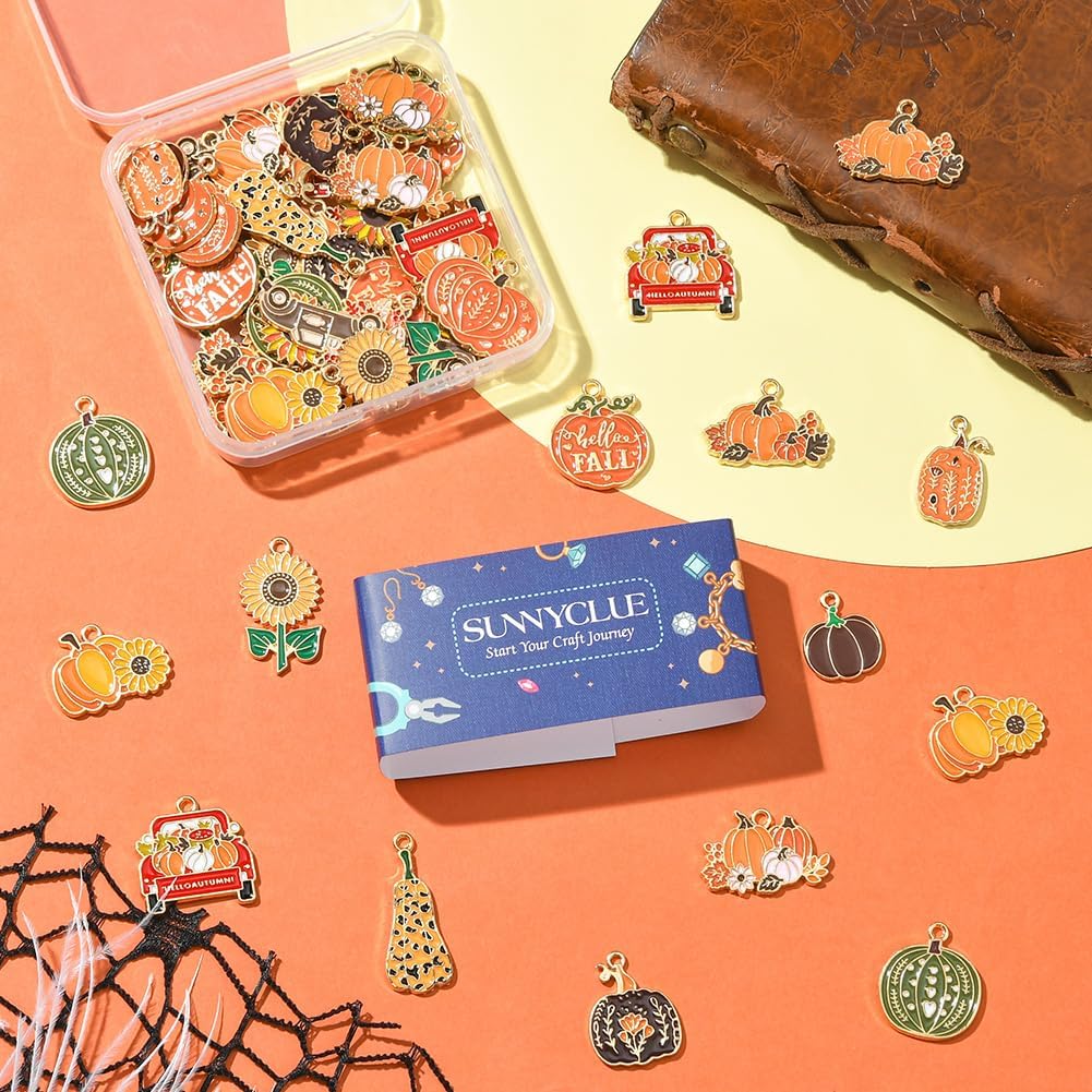 SUNNYCLUE 1 Box 56Pcs 14 Styles Thanksgiving Earring Charms Pumpkin Charm Bulk Gold Metal Alloy Enamel Orange Fall Autumn Holiday Pumpkins Sunflower Pendants for Jewelry Making Bracelet DIY Crafting