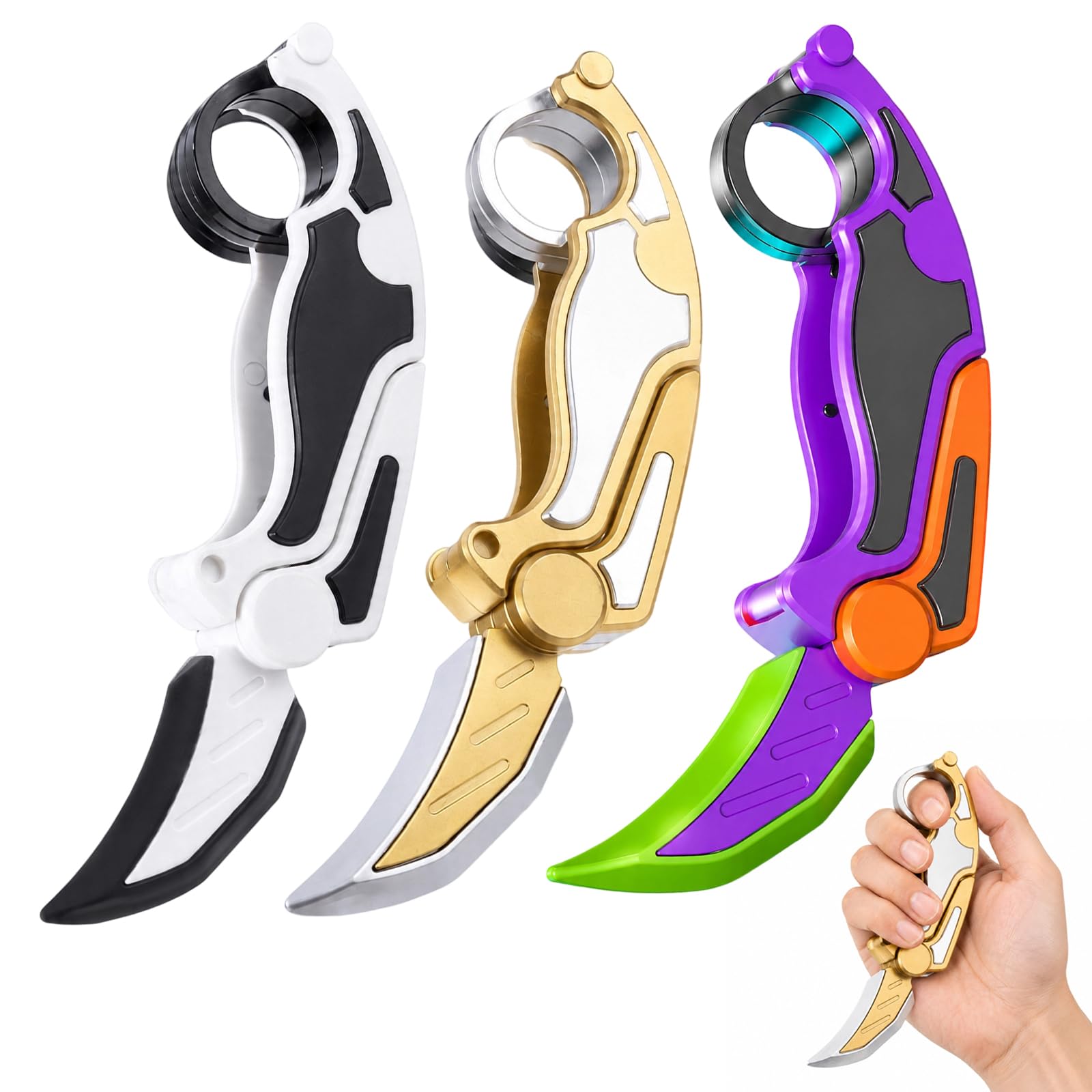 JaiZvt 3-Piece Karambit Fidget Toy Set, 3D Printed Style Plastic Finger Spinning Gadget for Teens and Adults, Desk Fidget Blaster for Hand Sensory Focus (Purple, Black/White, Gold/Silver)