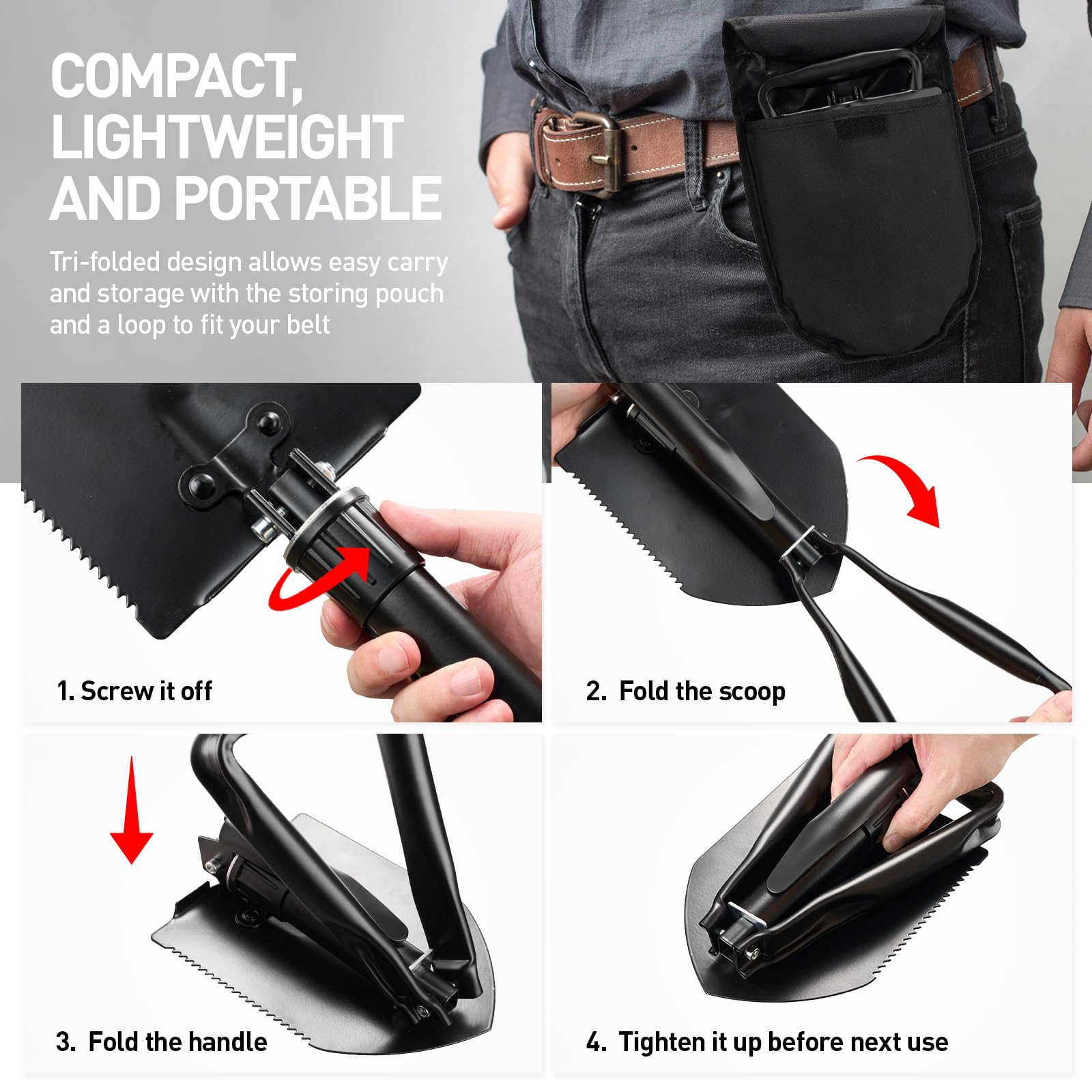 Camping Folding Shovel 23 IN, 58 CM, Multi Function Foldable Spade Trowel, Comes a Compass, black - Image 3