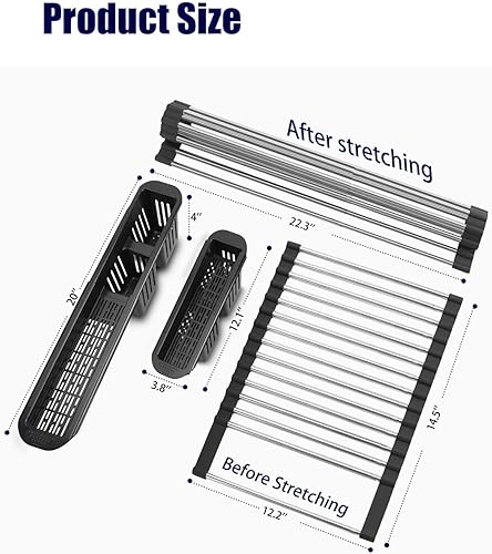 Miniatura 7 de CLNGAI Escurridor de platos enrollable, escurridor de platos extensible sobre el fregadero, estante de cocina de acero inoxidable con soporte para