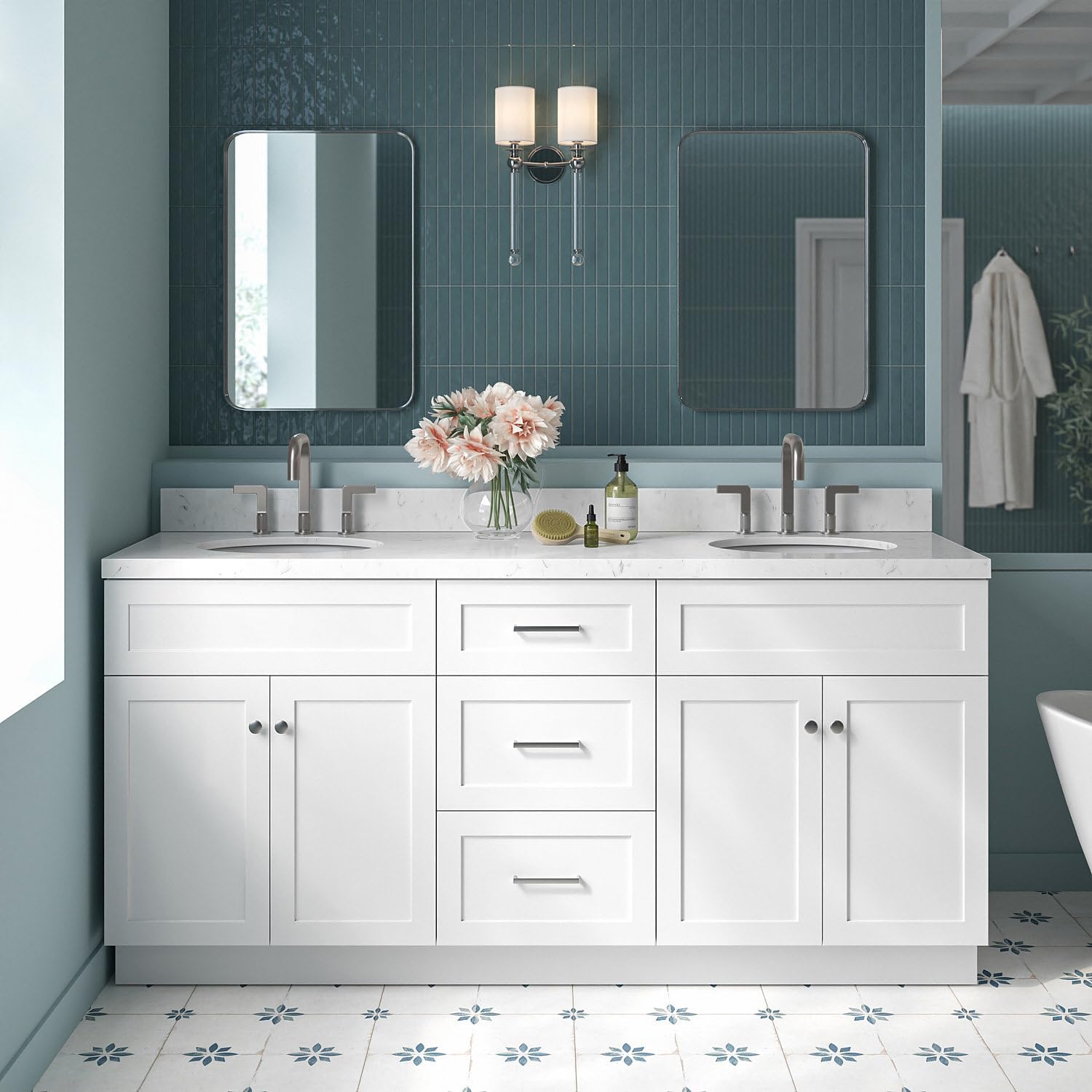 ARIEL Hamlet 72" Double White Bathroom Vanity, 1.5" Edge Carrara Quartz Countertop & Splash, Oval Sinks, 4 Soft Closing Doors, 3 Full Extension Dovetail Drawers, Toe Kick, Brushed Nickel