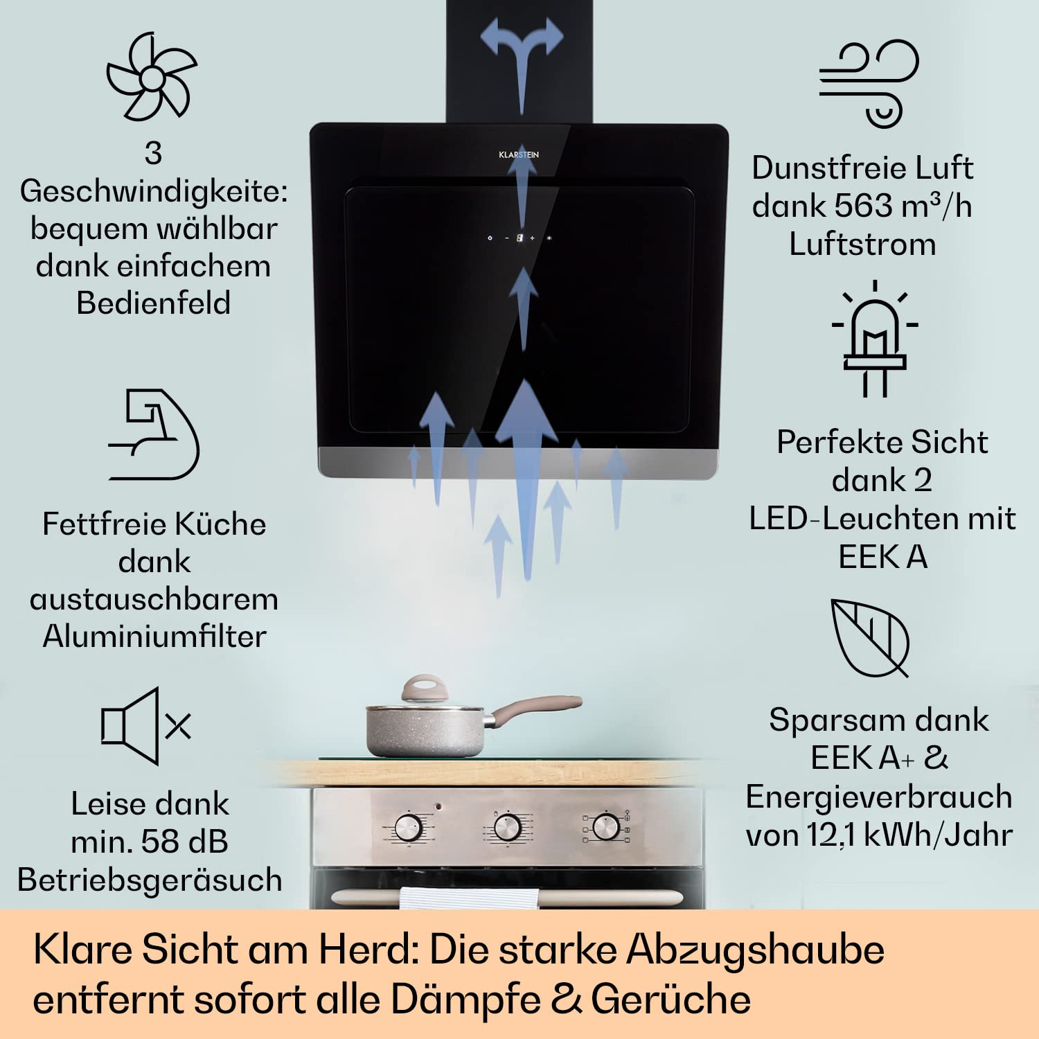 Klarstein Dunstabzugshaube 60cm, Abluft-Dunstabzugshaube, Abzugshaube mit Aktivkohl-Filter, Dunstabzug mit 585m³/h Luftstrom, Wandhauben RGB-LEDs & IoT/Wifi, Leise Dunstabzugshauben 60 cm