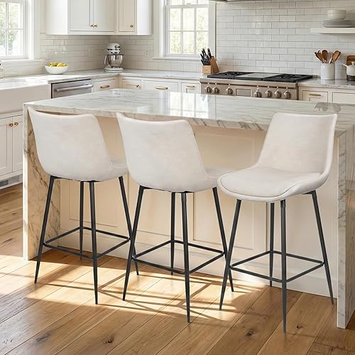 Counter Height Bar Stools Set of 3, FSC Certified Upholstered Faux Leather Barstools with Back, Metal Base, 27" Seat Height, Modern Upholstered Counter Stools for Kitchen Island,(Beige