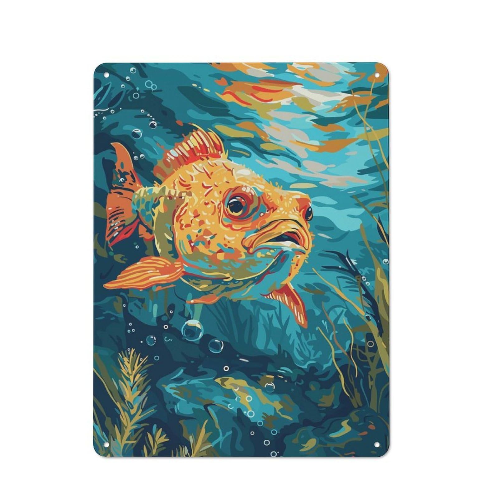 Junmoney Style-7 Orange Fish Underwater Tin Sign 40X30cm, Creative Studio Wall Plaque For Hobby Room, Office, Lounge Or Living Room